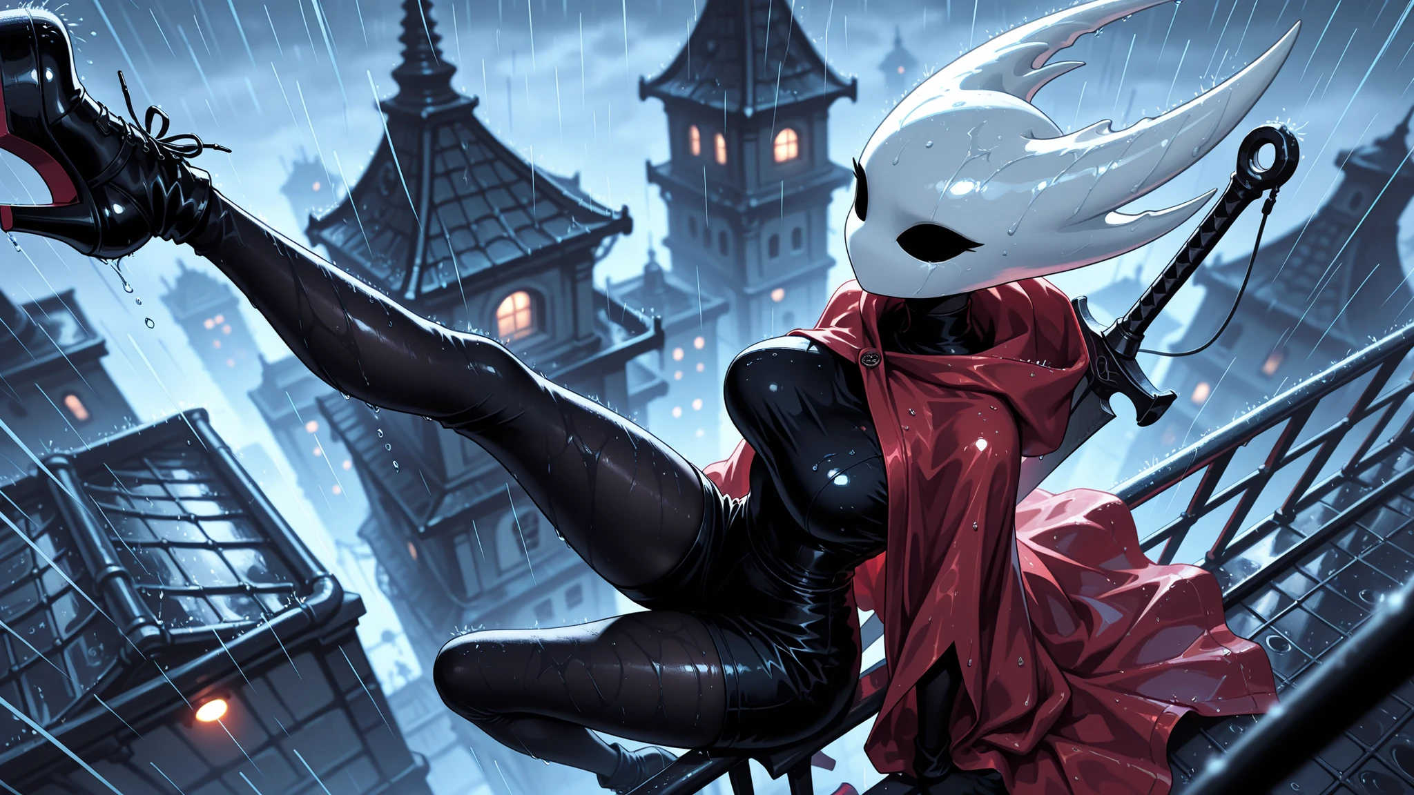 masterpiece, best quality, amazing quality, hyper-detailed, Smooth_Quality, depth of field, hood down,professional lighting, hornet /(hollow knight/), solo,red cloak, black skin, hoodless cloak, large breasts, thick thigh, sitting, one leg raised up high, from above, on railing, looking to the side, wire, weapon on back, taut clothes, rain, arm support, undefined platform, sensitive, rooftop edge, foreshortening,dramatic atmosphere, cinematic lens, soaked rain, dense stormny rain