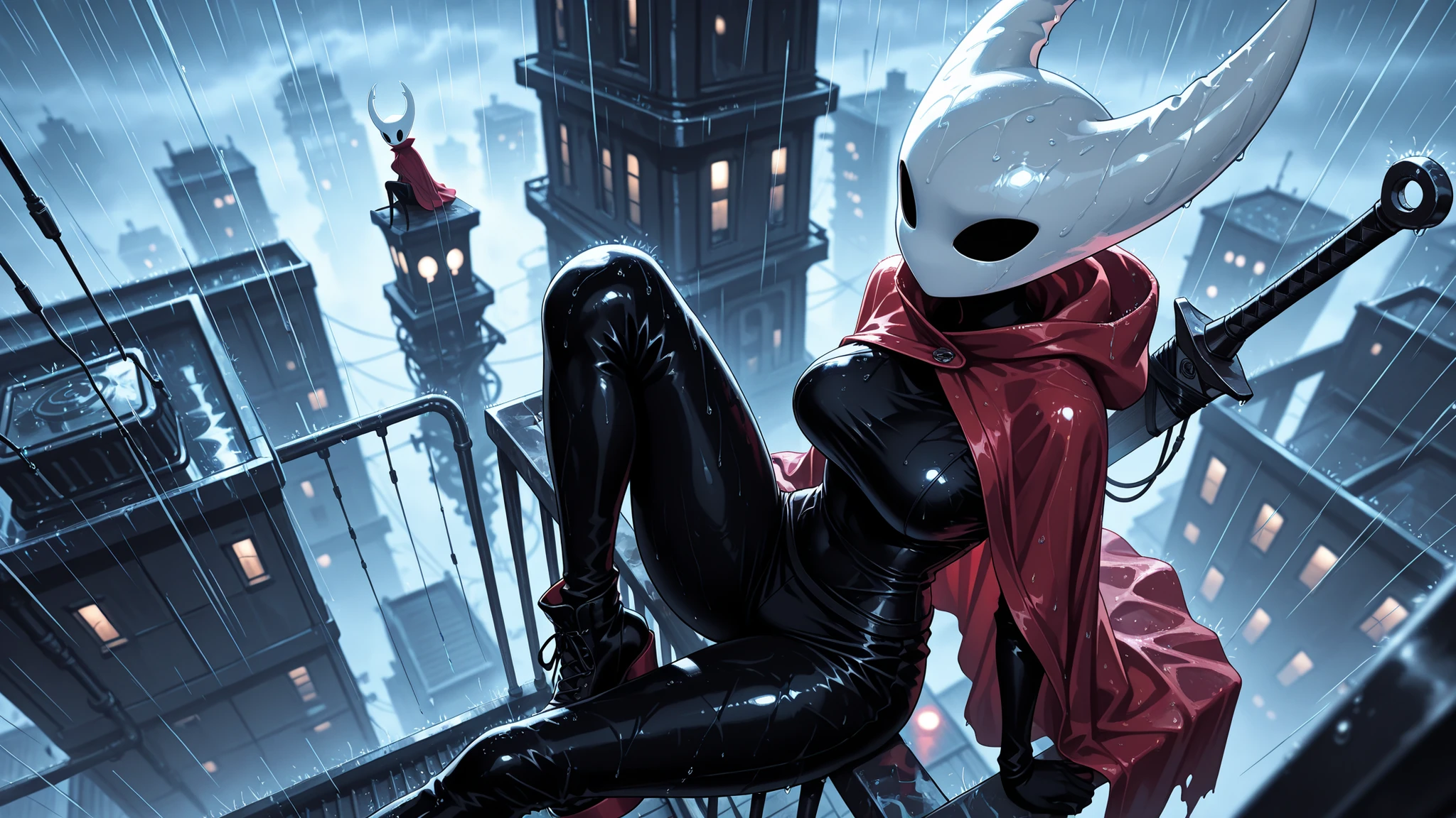 masterpiece, best quality, amazing quality, hyper-detailed, Smooth_Quality, depth of field, hood down,professional lighting, hornet /(hollow knight/), solo,red cloak, black skin, hoodless cloak, large breasts, thick thigh, sitting, one leg raised up high, from above, on railing, looking to the side, wire, weapon on back, taut clothes, rain, arm support, undefined platform, sensitive, rooftop edge, foreshortening,dramatic atmosphere, cinematic lens, soaked rain, dense stormny rain