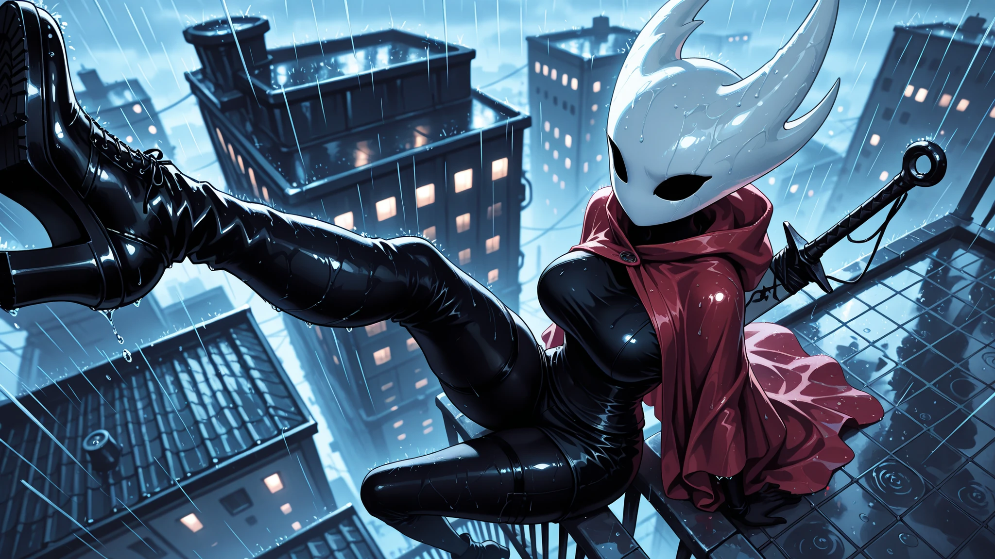 masterpiece, best quality, amazing quality, hyper-detailed, Smooth_Quality, depth of field, hood down,professional lighting, hornet /(hollow knight/), solo,red cloak, black skin, hoodless cloak, large breasts, thick thigh, sitting, one leg raised up high, from above, on railing, looking to the side, wire, weapon on back, taut clothes, rain, arm support, undefined platform, sensitive, rooftop edge, foreshortening,dramatic atmosphere, cinematic lens, soaked rain, dense stormny rain