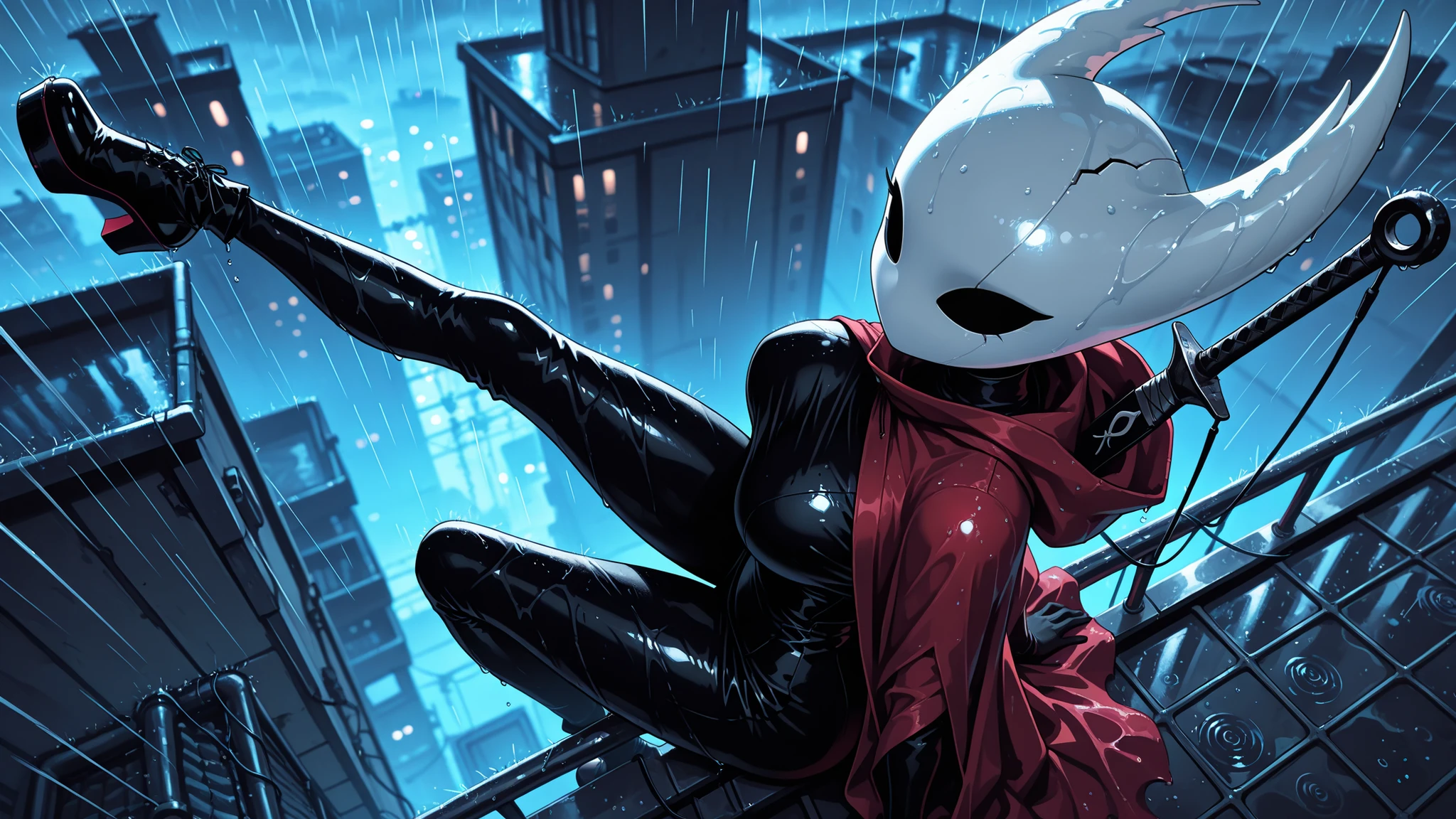 masterpiece, best quality, amazing quality, hyper-detailed, Smooth_Quality, depth of field, hood down,professional lighting, hornet /(hollow knight/), solo,red cloak, black skin, hoodless cloak, large breasts, thick thigh, sitting, one leg raised up high, from above, on railing, looking to the side, wire, weapon on back, taut clothes, rain, arm support, undefined platform, sensitive, rooftop edge, foreshortening,dramatic atmosphere, cinematic lens, soaked rain, dense stormny rain