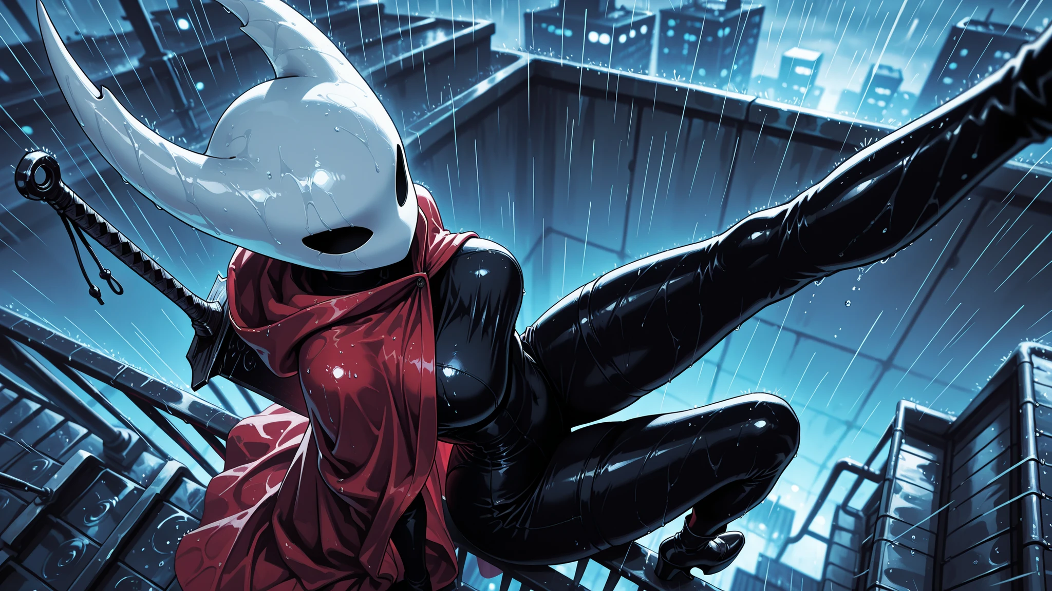 masterpiece, best quality, amazing quality, hyper-detailed, Smooth_Quality, depth of field, hood down,professional lighting, hornet /(hollow knight/), solo,red cloak, black skin, hoodless cloak, large breasts, thick thigh, sitting, one leg raised up high, from above, on railing, looking to the side, wire, weapon on back, taut clothes, rain, arm support, undefined platform, sensitive, rooftop edge, foreshortening,dramatic atmosphere, cinematic lens, soaked rain, dense stormny rain