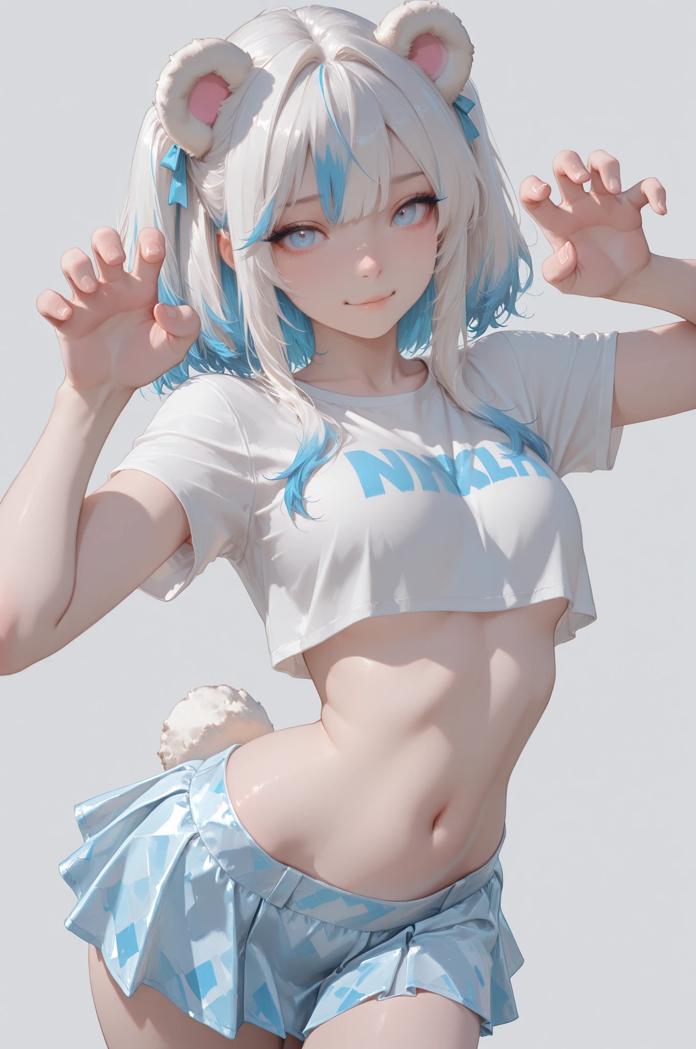 Very awa, masterpiece, Highest Quality, great quality, very aesthetic, blue and white two-tone hair,eyes with blue and white highlights,doing it shyly while posing with both hands in a bear hand pose。Navel skin in a miniskirt