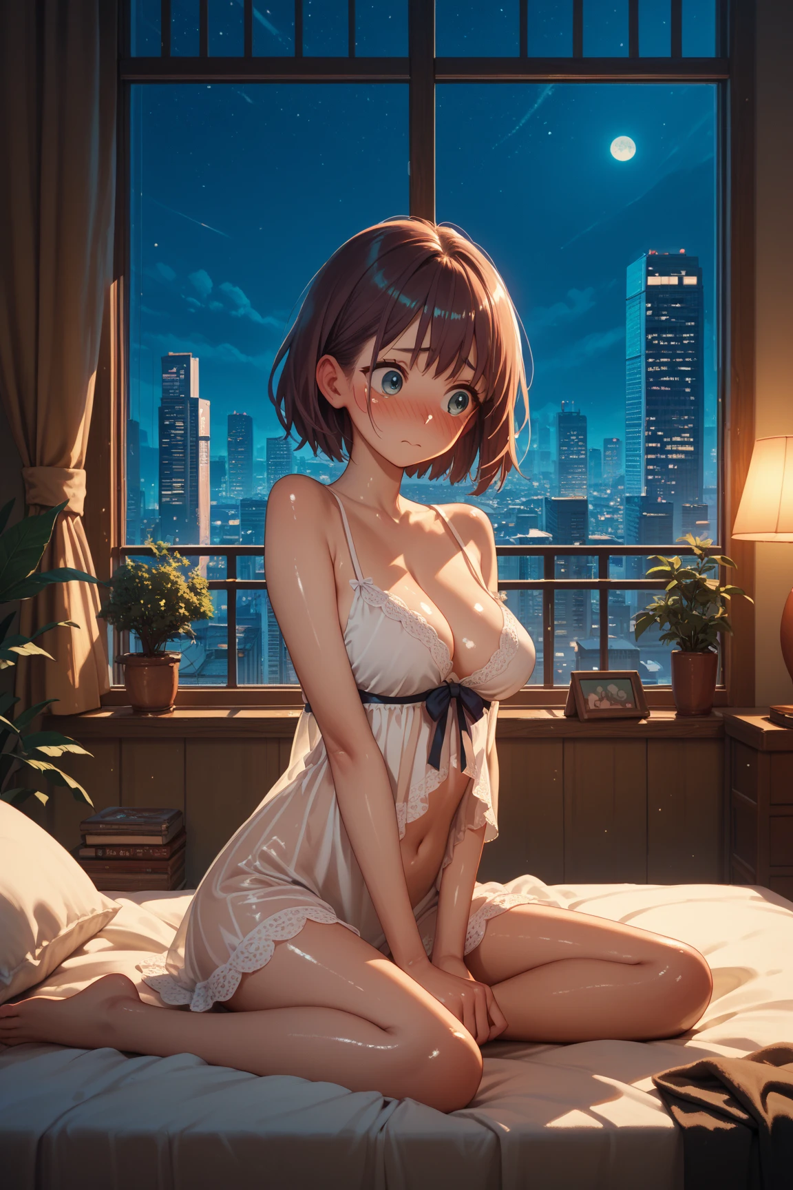 My sister ??????????? while sleeping on the bed in a high-rise apartment in Tokyo late at night.、You can see the real and beautiful night view of Tokyo outside the window.、It feels good and I close my eyes、she has her right hand in her ??????、She is fondling her ?????? with her left hand、She has her ?????? spread、not ???????????、slender、small ???????、modest ?????、public hair visible、Completely ?????、????、Loose long bob short hair with dark brown hair co can't see her clothes、One eye is hidden by hair、She ???????????????? and spreads her thighs showing her private parts、you can see the ????????、Hair grows on the ????? majora