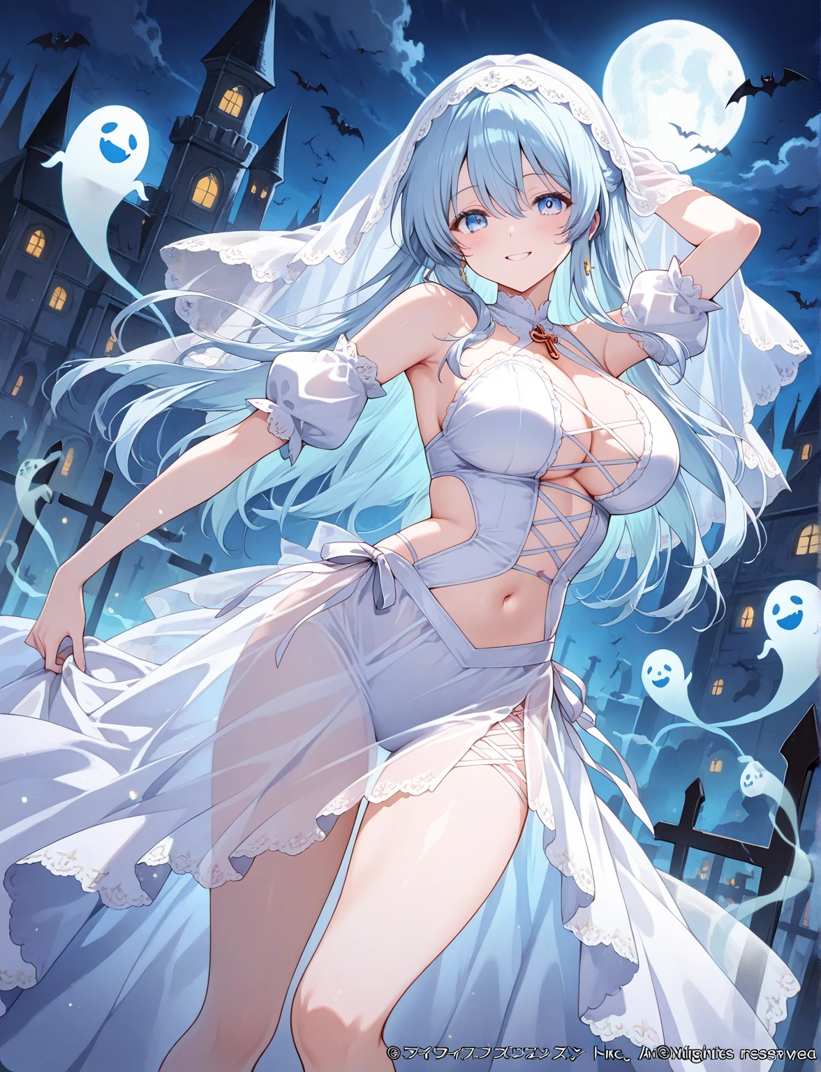 ghost costume, 1girl, large breasts,sleeves past wrists, bare_legs,cowboy shot, no_bar,no_panties