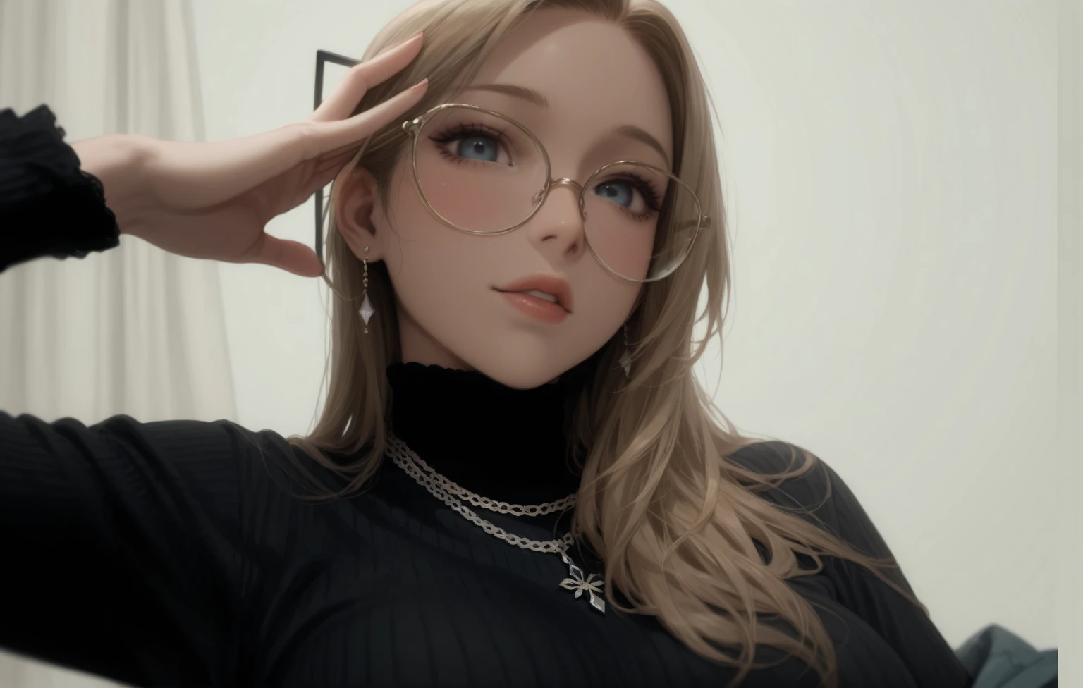 RAW,, Nikon Z 85mm, award-winning glamor photography, ((best quality)), ((masterpiece)), ((realistic)), beautiful russian woman, black lace dress, white skin, 18 years old, ((long blonde hair:1.3)),GLASSES, hazel eyes, perky huge breasts, sitting in the bed, eiffel tower in the background, ((huge breasts)), innocent, intricate details, highly detailed, sharp focus, professional, 4k, divine rays, hand model, stunning blue eyes, small, delicate, innocent, high resolution, detailed  features, high detail, sharp focus, soft , aesthetic, extremely detailed, photo_\(ultra\), photorealistic, realistic, post-processing, maximum detail, roughness, real life, ultra-realistic, photorealism, photography, 8k uhd, photography, SEMHOUETTE light, russian face