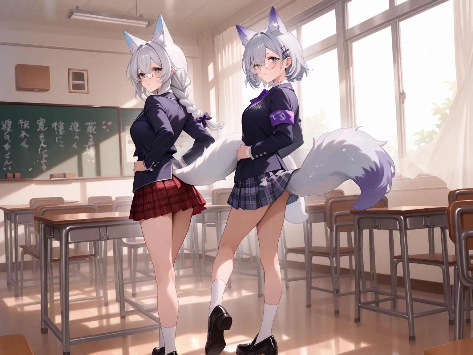 highest quality、masterpiece、1 girl、(blush:1.5)、(smile:1.5)、((fun!!))、cute、(silver hair)、dog ears、high school girl、((classroom:1.5))、()、、Kamimei、look at me、(No panties:1.3)、((????????????:1.5)), ((red bow tie, , black jacket, open jacket, white cardigan, white shirt, black skirt, plaid skirt、black socks))、 (No panties:1.3)、((????????????:1.5))、(highly detailed closed ?????:1.5)、light blue eyes、long hair
