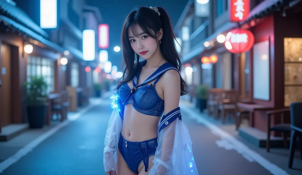 Photo of an 18-year-old girl with oriental features、raw、Beautuful Women、(Extra long wavy brown hair)、((portlate))、((详细的脸:1.2))、((detailed facial features))、(Fine skin)、pale-skinned、High Detail Deep Click Body Comfort Matte Suit、megacity environment、(cold color)、moist、moist、Reflectors、(​masterpiece)(perfectly proportions)(photos realistic)(top-quality)(detaileds)photographed in a Canon EOS R5、 50mm Lens, F/2.8, nffsw, (8K) (wall-paper) (电影灯光) (dramatic  lighting) (foco nítido) (with an intricate) lo fashion、(camel's toe)、((Tokyo cityscape at night))、Thin and transparent underwear、((Hair with colored mesh:1.2))、(Colorful colored hair:1.3)、(Bright blue eyes)、((Very small sheer underwear))、Seductive  pose、neons