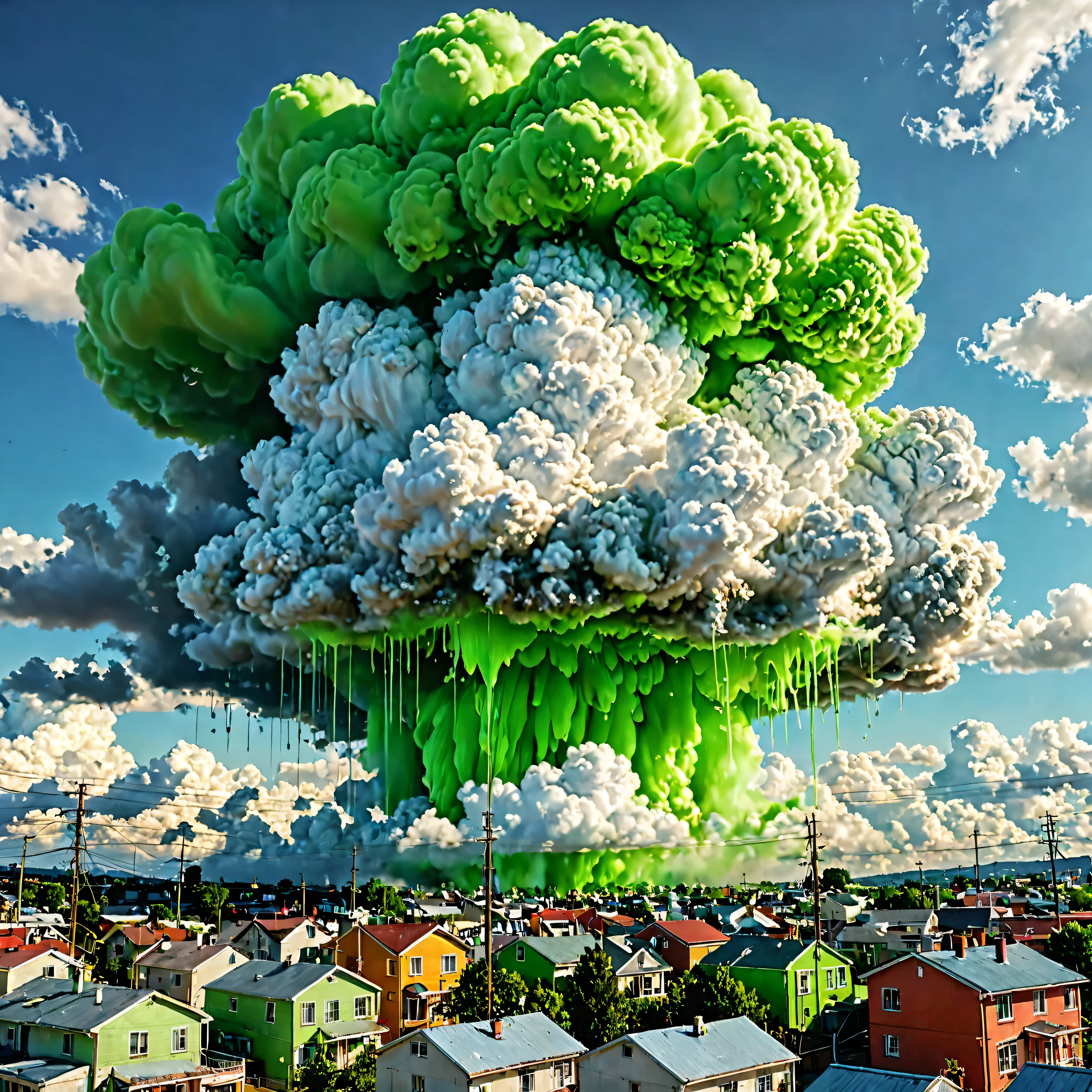 Ultra-realistic, photo-realistic, ultra-detailed, bright vibrant colors, 3D rendered realism, a neon green sky with slime green clouds, and light lime green clouds in front of those clouds partially covering a dark green sun with tiny fragments of electric blue in it. An insane looking brilliant double size cloud plume-like formation just above a realistic-looking town of normal homes and buildings. It looks almost like a doubled slime and lime green with white nuclear bomb. It's bomb. Documentary style photorealism photography, 3D rendered realism, attention to meticulous detail. A masterpiece.
