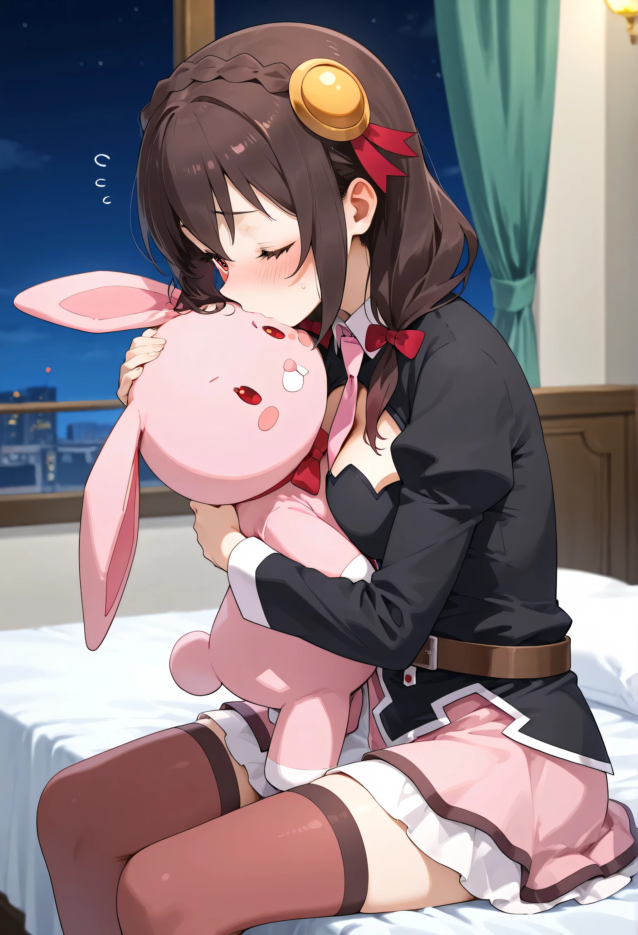 Yunyun konosuba,Crimson Eyes,so embarrassed、blush、 night、Indoor、Highest Quality、sitting on bed、The woman is kissing the pink stuffed rabbit's mouth、side view、Kissing expression with eyes closed