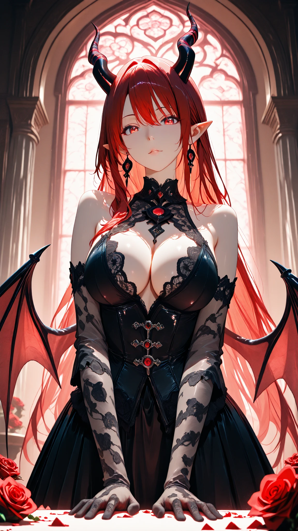absurdres, highres, ultra detailed,  night, solo focus, cowboy shot, from bellow,
1girl, demon horns, demon tail, demon wings,   red hair, red eyes, slit pupils, glowing eyes, , pale skin, aura, looking at viewer, standing, raised hair, wind, flying hair, black background, serious,   