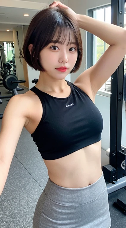 (((Grey sports bra,Small breasts,Spread your legs,Amorous))),((Japanese,woman,cute)),(clean,short hair),(highest quality,masterpiece:1.3,超A high resolution),(Ultra-detailed,Caustics),(Photorealistic:1.4,RAW shooting,)Ultra-Realistic Capture,Very detailed,High resolution 16K resolution