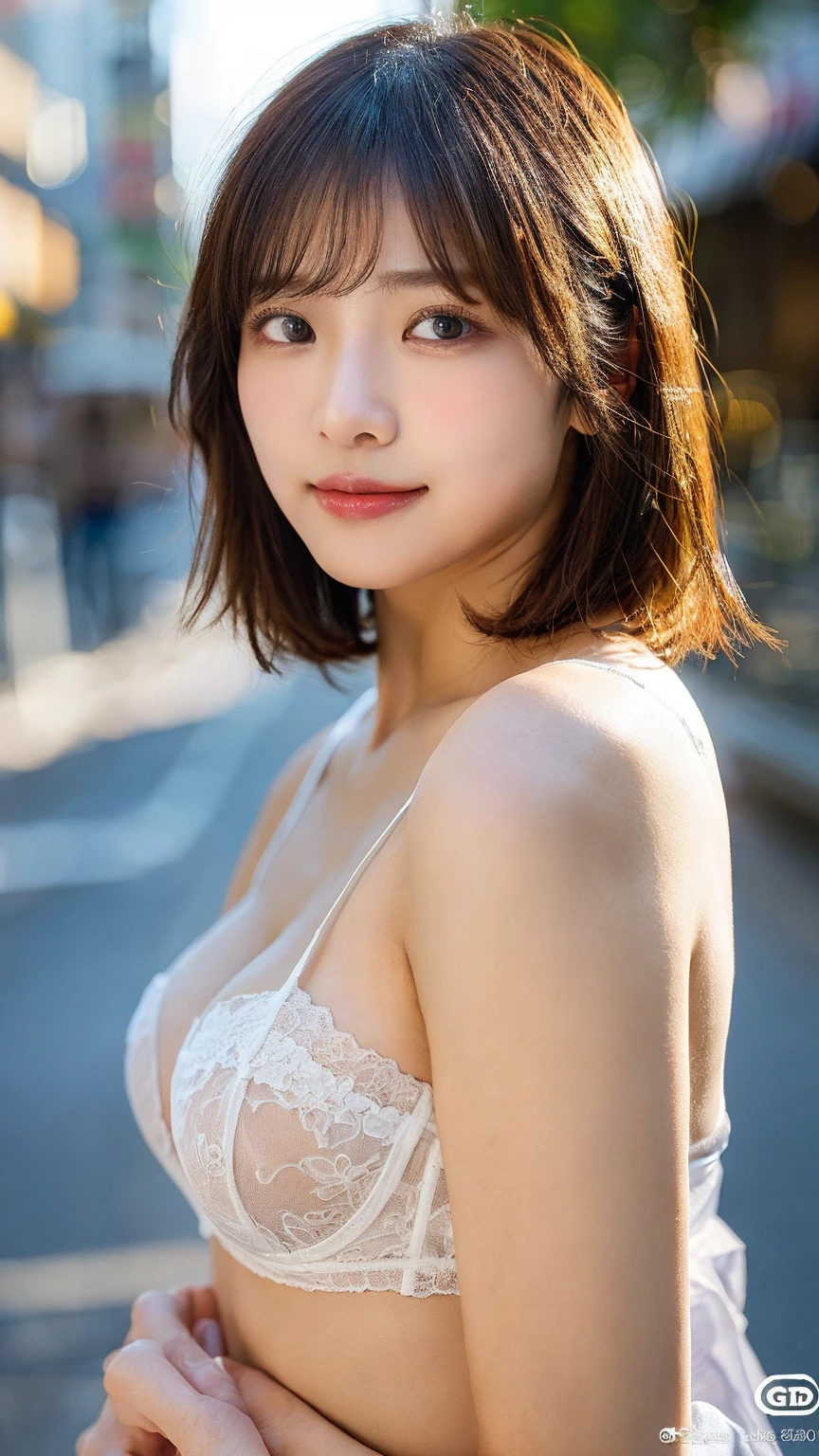 ((Highest quality, 8K, masterpiece: 1.3)), sharp:1.2,（Super skinny body:1.4）,Tall and slender, 45 years old、Mature cute Japan woman、((Droopy eyes))、(Tight waist:1.2),(((Big drooping down)))、((Permed short cut、Light brown hair)), Thin legs, （Sexy lace white bra and white panties：1.2）、Small face with pointed chin, Arms down、Rough skin, Deep-set eyelids、Fine grain, necklace, Standing leaning against a wall、((Professional and perfect outdoor lighting))、((Simple wall background))、((A refreshing smile、Looking into the camera))、Waist to head、((Hold your head high))、