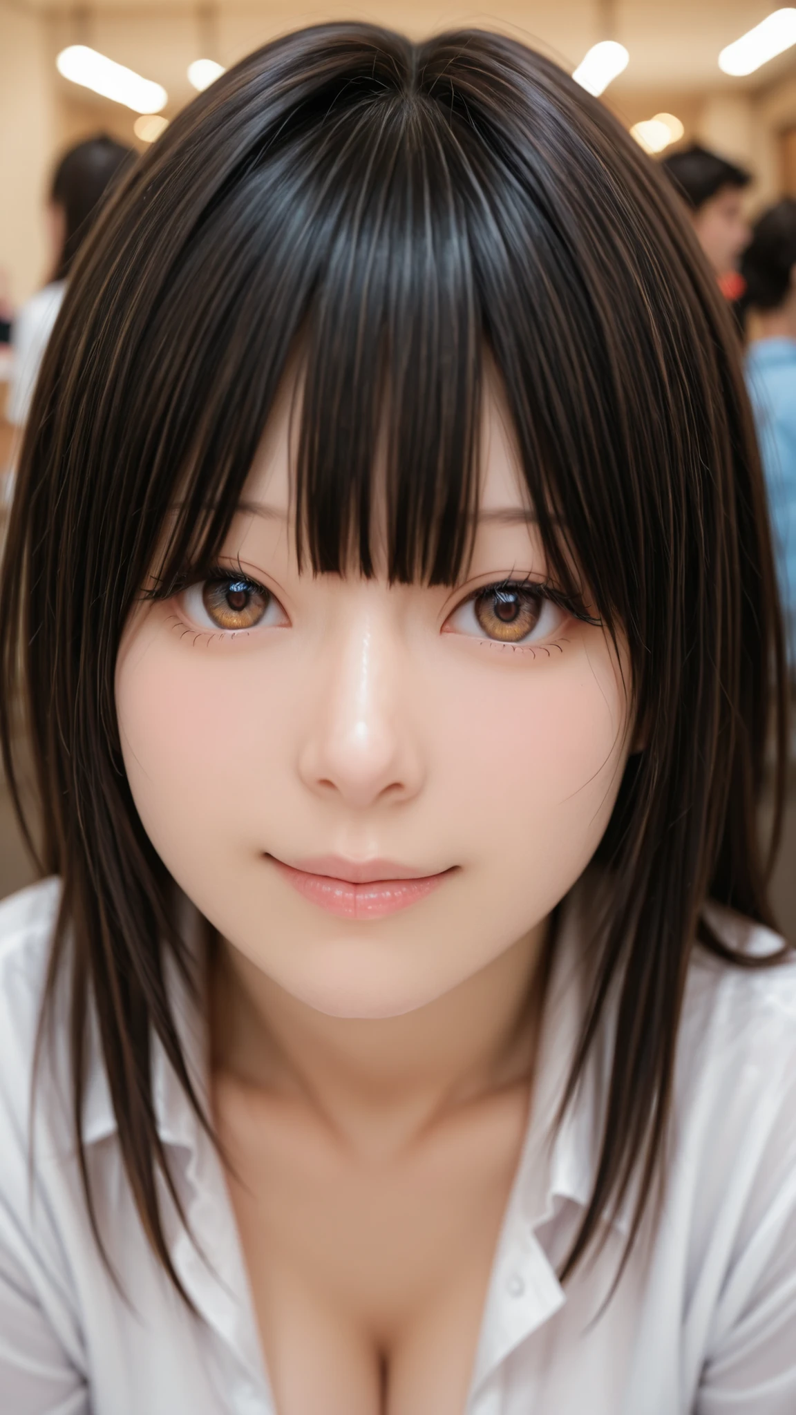  Yui Kotegawa , masterpiece, ultra-HD, photorealistic, Impressionism , high definition, depth of field, Dynamic Lighting, Highest Quality, very aesthetic, 8k, Highest Quality, Clear Focus,realistic.
Japanese Teen, high school girl,beautiful,dark haired,long hair,ambereyes,Real Eyes,hanging eyes,Real skin,uniform.
1girl,best quality, ultra detailed,high resolution,photrealistic,raw photo, shiny skin, smaller face, big eyes, masterpiece,very detailed,very aestheticな,realistic,realistic beauty from the chauffeur,depth of field,Highest Quality,Clear Focus,Calm Lighting,rich  during the phallus,Glowing Skin,cleavage, smile,xtrem close-up(face:2).