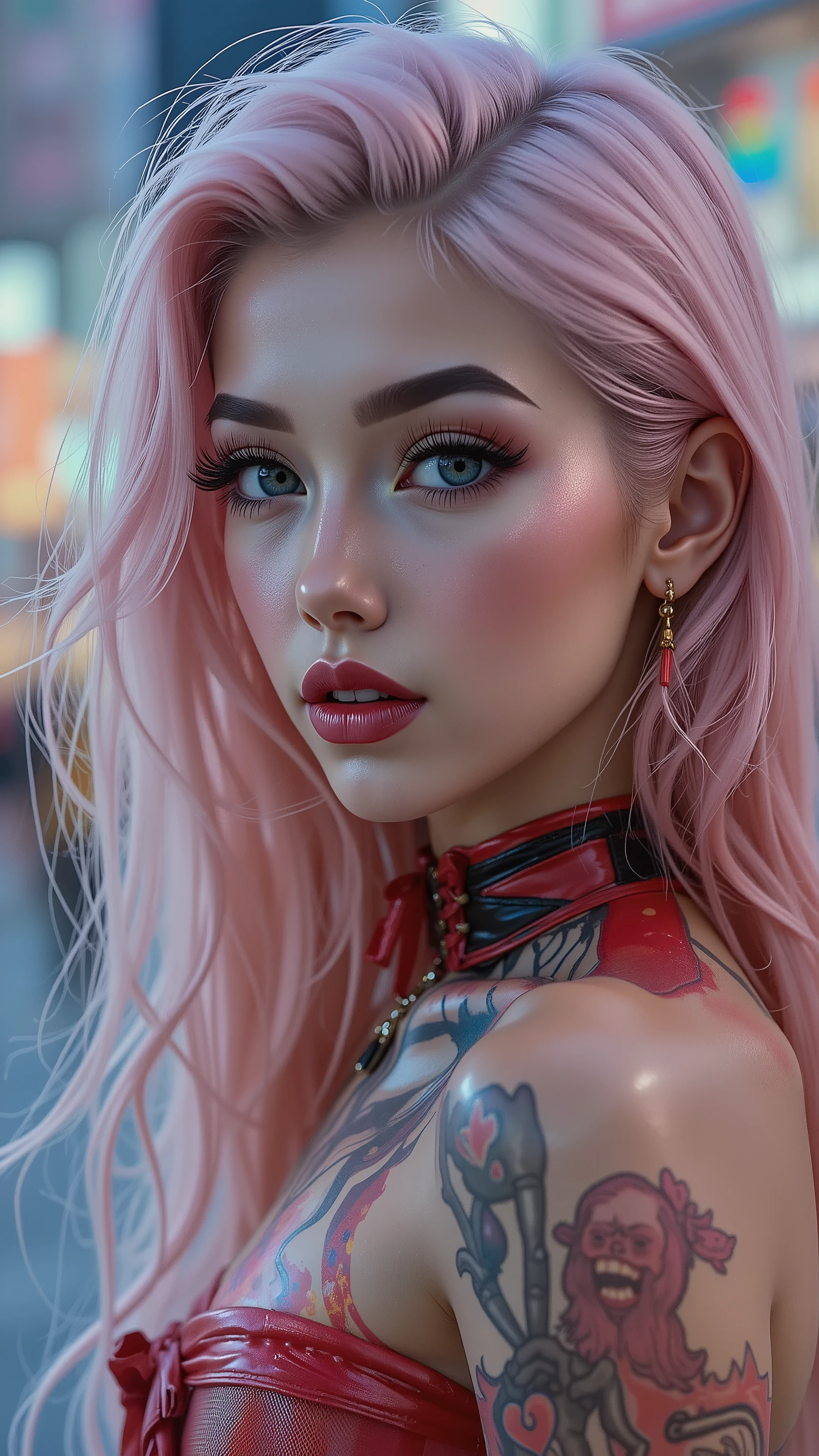  Ultra-realistic (photorealistic Realism) , "UHD, Hyper high resolution" - "(Hyper quality, intricately ultra-detailed digital art)" (Key Directive: - ("The priority is the anatomical accuracy and texture of the materials" - "Ultra-sharp human eyes with biological accuracy") (realistic texture details: velvety skin, hair), (pink hair((slicked to one side)), intricately detailed:1.3), long Lashes: individual synthetic fibers (crosshatched roots:1 . 2 , clump-free separation), (Carefully draw Long mascara:1.22) [perfect dark eyeshadow:1.2][glossy red lipstick:1.3], professional Magic Makeup on eyes:1.3, perfect composition. "Eyes:(acid-resistant terminology) (macro-details:1.5): * Moist corneal surface (visible aqueous layer:1.2) * Hyper-detailed iris eyes (green with orange sparkles) * Precise limbal ring (slightly darker pigmentation:1.3) * Pupil micro-texture (irregular edge authenticity:0.9) * Vasculature in sclera (subtle blue veins radiating from limbus)" (Avoid: "pupil distortion , uncanny valley asymmetry , plastic-like wetness"), (Avoid: "pupil distortion , uncanny valley asymmetry , plastic-like wetness"), [wearing (latex tube top corset (extra smooth, shiny latex, tightly laced at the waist, body-hugging), extremely detailed:1.25)] , [red mini skirt, pleated latex], [fishnet stockings], ((thick thighs)), perfect female body, (firm and full breasts), (Super beautiful), generate hands anatomically correct. wide hips, [2/5 side shot], {((Shibuya at night, Shibuya at night, a lost woman:1.3)), extremely detailed , sharp , clear , photorealistic image, without shadows}, The attention to detail, focus of girl, dynamic pose, sexy and seductive, flirty smile, dslr, high quality split lighting, sharp focus captured by Fujifilm XT3, f 5.6, in a dramatic lighting, (perfect composition),
