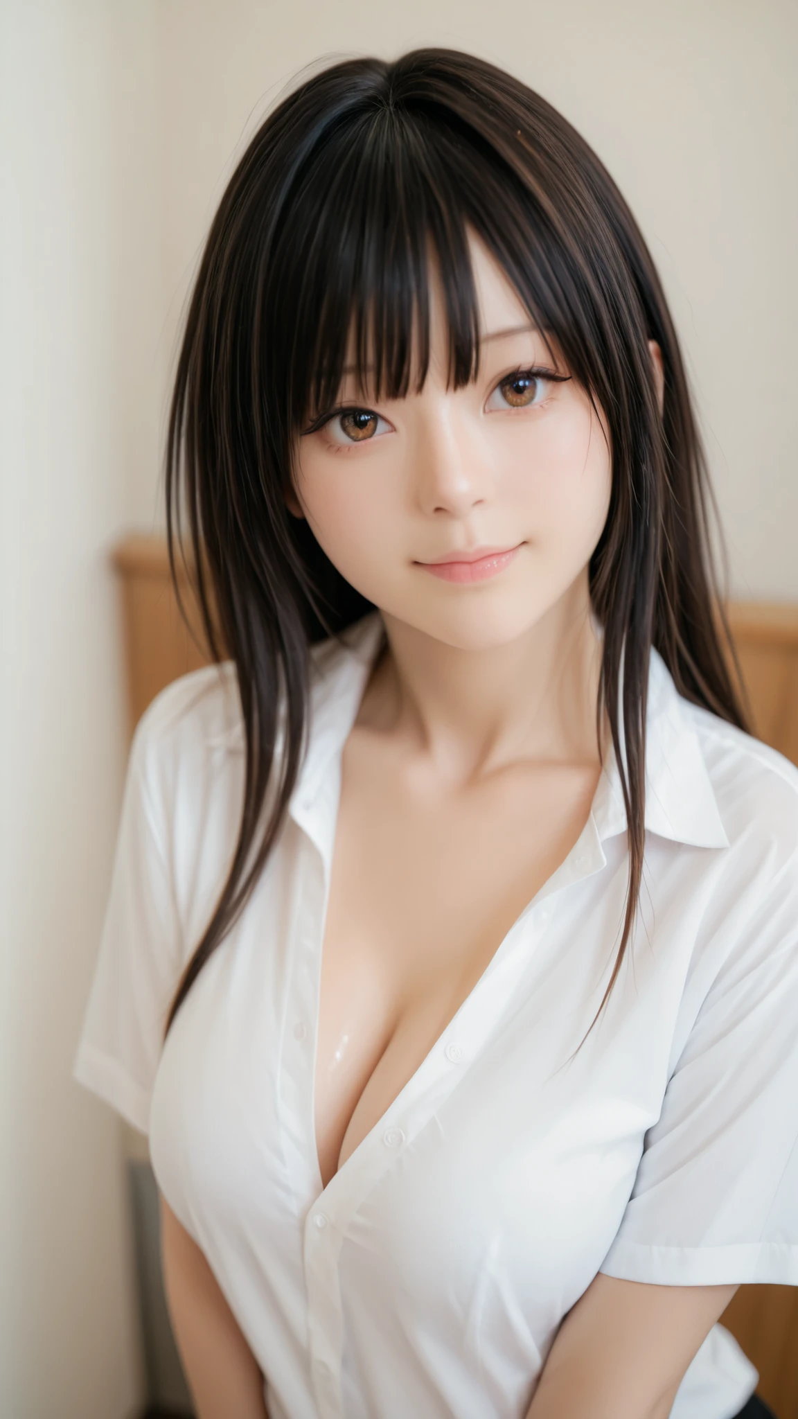  Yui Kotegawa , masterpiece, ultra-HD, photorealistic, Impressionism , high definition, depth of field, dynamic lighting, Highest Quality, very aesthetic, 8k, Highest Quality, Clear Focus,realistic.
Japanese Teen, high school girl,beautiful,dark haired,long hair,ambereyes,Real Eyes,hanging eyes,Real skin,uniform.
1girl,best quality, ultra detailed,high resolution,photrealistic,raw photo, shiny skin, smaller face, big eyes, masterpiece,very detailed,very aestheticな,realistic,realistic beauty from the chauffeur,depth of field,Highest Quality,Clear Focus,Calm Lighting,rich  during the phallus,Glowing Skin,cleavage, smile,xtrem close-up(face:2).