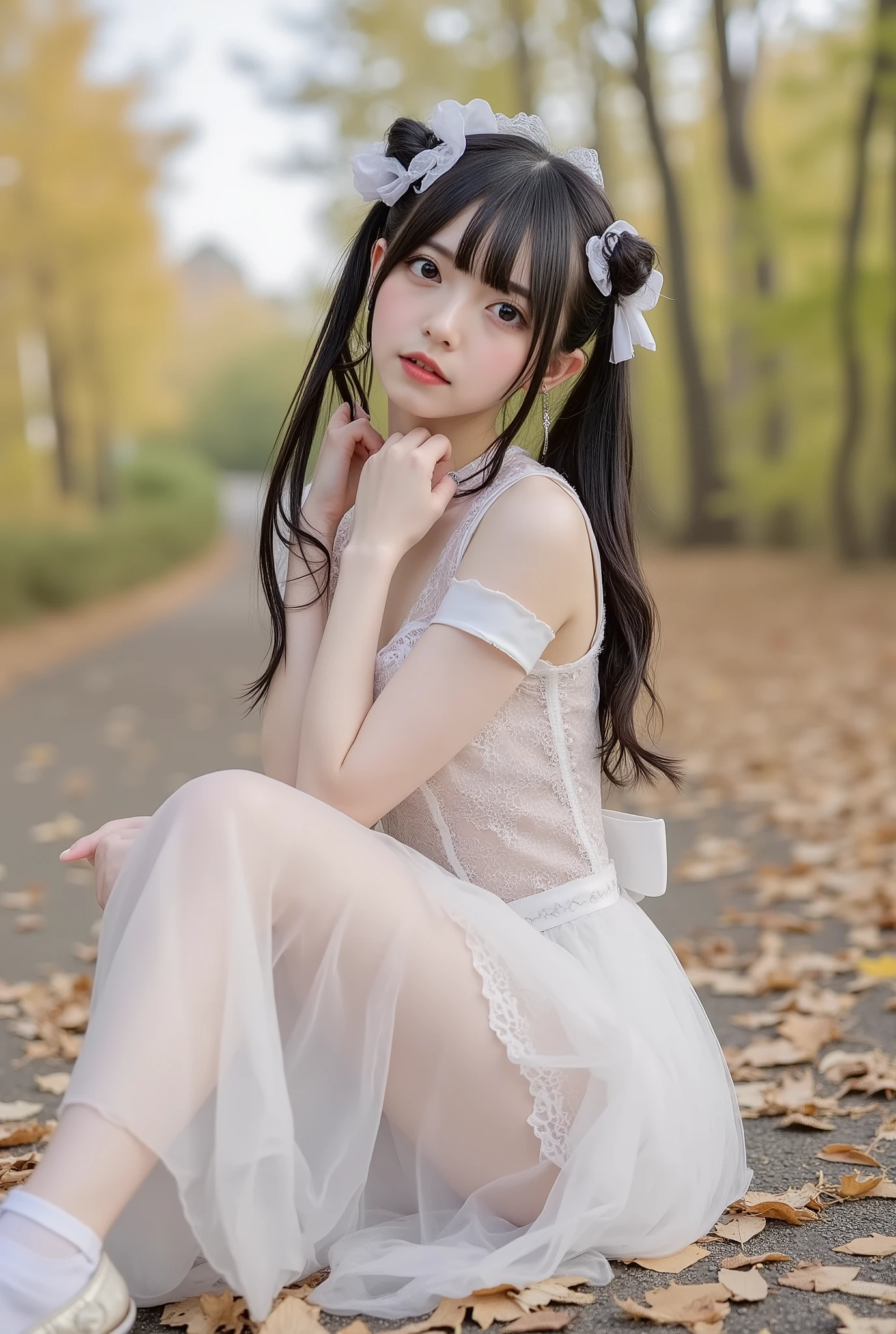 (8K quality pictures 、Ultra High Definition)、Mountain road with autumn leaves、(((above the knee image)))、((low angle))、is insanely cute、(A collaboration between amazingly cute)、(A collaboration between white pretty girl maid clothes and a see-through lace dress that can be seen through)、(Super slim figure that can be seen through)、black hair twin tail、((small breasts))、pose、