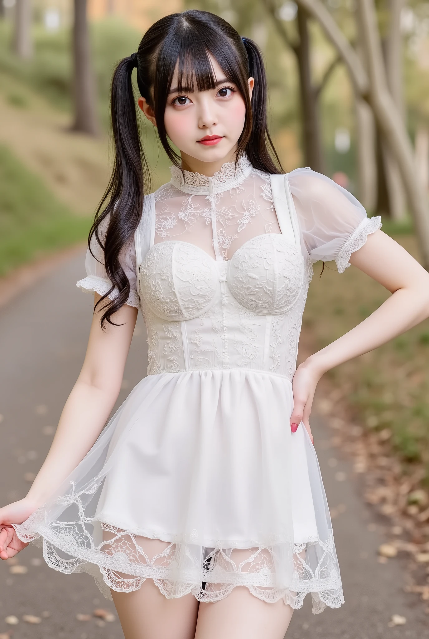 (8K quality pictures 、Ultra High Definition)、Mountain road with autumn leaves、(((above the knee image)))、((low angle))、is insanely cute、(A collaboration between amazingly cute)、(A collaboration between white pretty girl maid clothes and a see-through lace dress that can be seen through)、(Super slim figure that can be seen through)、black hair twin tail、((small breasts))、pose、