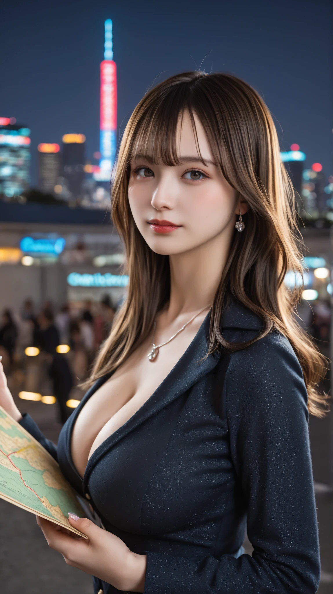(run a high class brothel、A devilishly beautiful madam who sells useless prostitutes to organ brokers..),NSFW, masterpiece, highest quality, Accurate, UHD, retina, Super detailed, Award history, High resolution, anatomically correct, (realistic:1.4),Raw photo,(Soft saturation:1.3),(Fair skin:1.2),rough skin, 8K,1 girl, alone, mature adult woman, Beautiful Evil, evil and sneaky  woman, (perfectly beautiful woman, perfectly beautiful face, Perfectly beautiful eyes, perfectly beautiful nose, perfectly beautiful nose孔, perfectly beautiful lips),(Chestnut hair tied on top of head),(compensate:1.3),(eye reflection:1.3, solid circle eye, ring-shaped eyes, Sparkling pupils:1.2, long eyelashes:0.7, amber eyes),(crystal earrings, sparkling gold necklace), sleepy, parted lips, boredom, (enchanting smile:1.4, cruel smile:1.4), (ponytail, glossy lips:1.5,lip reflection:1.5), break, ( cleavage, , small_blazer, shirt_skirt:1.5),(outdoor, at the street, she is standing naturally:1.5),(Detailed texture of wrinkles in clothing:1.3), looking at the viewer