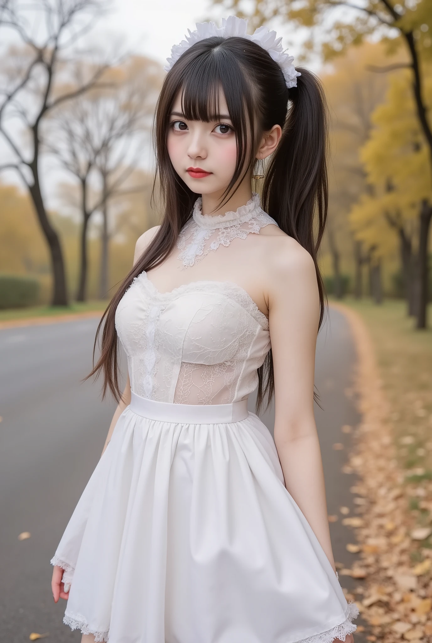 (8K quality pictures 、Ultra High Definition)、Mountain road with autumn leaves、(((above the knee image)))、((low angle))、is insanely cute、(A collaboration between amazingly cute)、(A collaboration between white pretty girl maid clothes and a see-through lace dress that can be seen through)、(Super slim figure that can be seen through)、black hair twin tail、((small breasts))、pose、