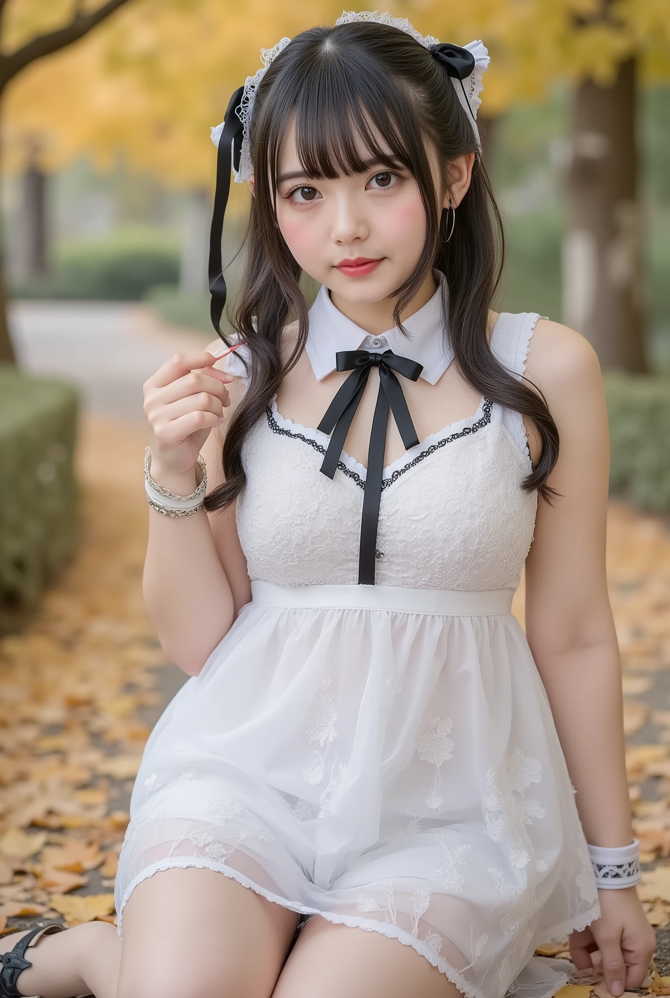 (8K quality pictures 、Ultra High Definition)、Mountain road with autumn leaves、(((above the knee image)))、((low angle))、is insanely cute、(A collaboration between amazingly cute)、(A collaboration between white pretty girl maid clothes and a see-through lace dress that can be seen through)、(Super slim figure that can be seen through)、black hair twin tail、((small breasts))、pose、