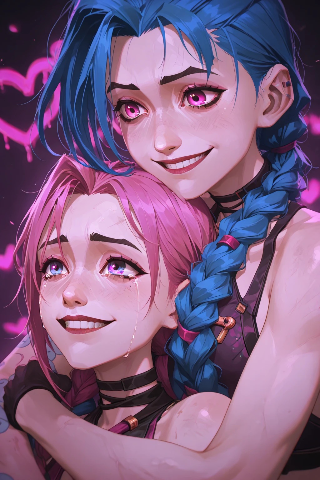 (cinematic, 8k, best quality, masterpiece: 1.2), (realistic, photo-realistic: 1.37), ultra-detailed, soft light, best quality, ultra highres, raw photo in HDR, sharp focus, intricate texture, skin imperfections, 1 girl, cute, solo, raw photo, Rebecca a robotic girl with green hair, laughing, pink tattoo on her neck and belly, wearing a black jacket with yellow details,  holding a pistol in hand, 19yo, camel fingers, slim body, warm body, shiny skin, realistic textures, reflected lighting, volumetric lighting. Background a cyberpunk city at night, neon lighting.