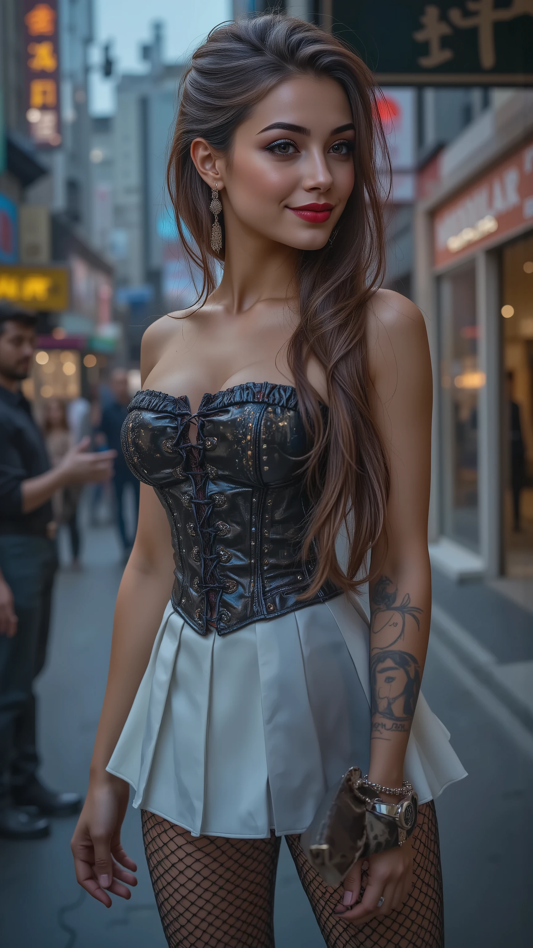  Ultra-realistic (photorealistic Realism) , "UHD, Hyper high resolution" - "(Hyper quality, intricately ultra-detailed digital art)" (Key Directive: - ("The priority is the anatomical accuracy and texture of the materials") (realistic texture details: velvety skin, hair), (dark hair((slicked to one side)), intricately detailed:1.3), (Carefully draw Long mascara:1.22) [perfect dark eyeshadow:1.2][glossy red lipstick:1.3]. "Eyes:(acid-resistant terminology) (macro-details:1.5) Moist corneal surface (visible aqueous layer:1.2) Hyper-detailed iris eyes (brown)" (Avoid: "pupil distortion , uncanny valley asymmetry , plastic-like wetness"), [wearing (latex tube top corset (extra smooth, shiny latex, tightly laced at the waist, body-hugging), extremely detailed:1.25)] , [white mini skirt, pleated latex], [fishnet stockings], (thick thighs:1.2), perfect female body, (firm and full breasts), (Super beautiful), generate hands anatomically correct. wide hips, [2/5 side shot], {((Shibuya at night, Shibuya at night, a lost woman:1.3)), extremely detailed , sharp , clear , photorealistic image with sunrise lighting without shadows , dslr}, The attention to detail, focus of girl, dynamic pose, sexy and seductive, flirty smile, dslr, high quality split lighting, sharp focus captured by Fujifilm XT3, f 5.6, in a dramatic lighting, (perfect composition),