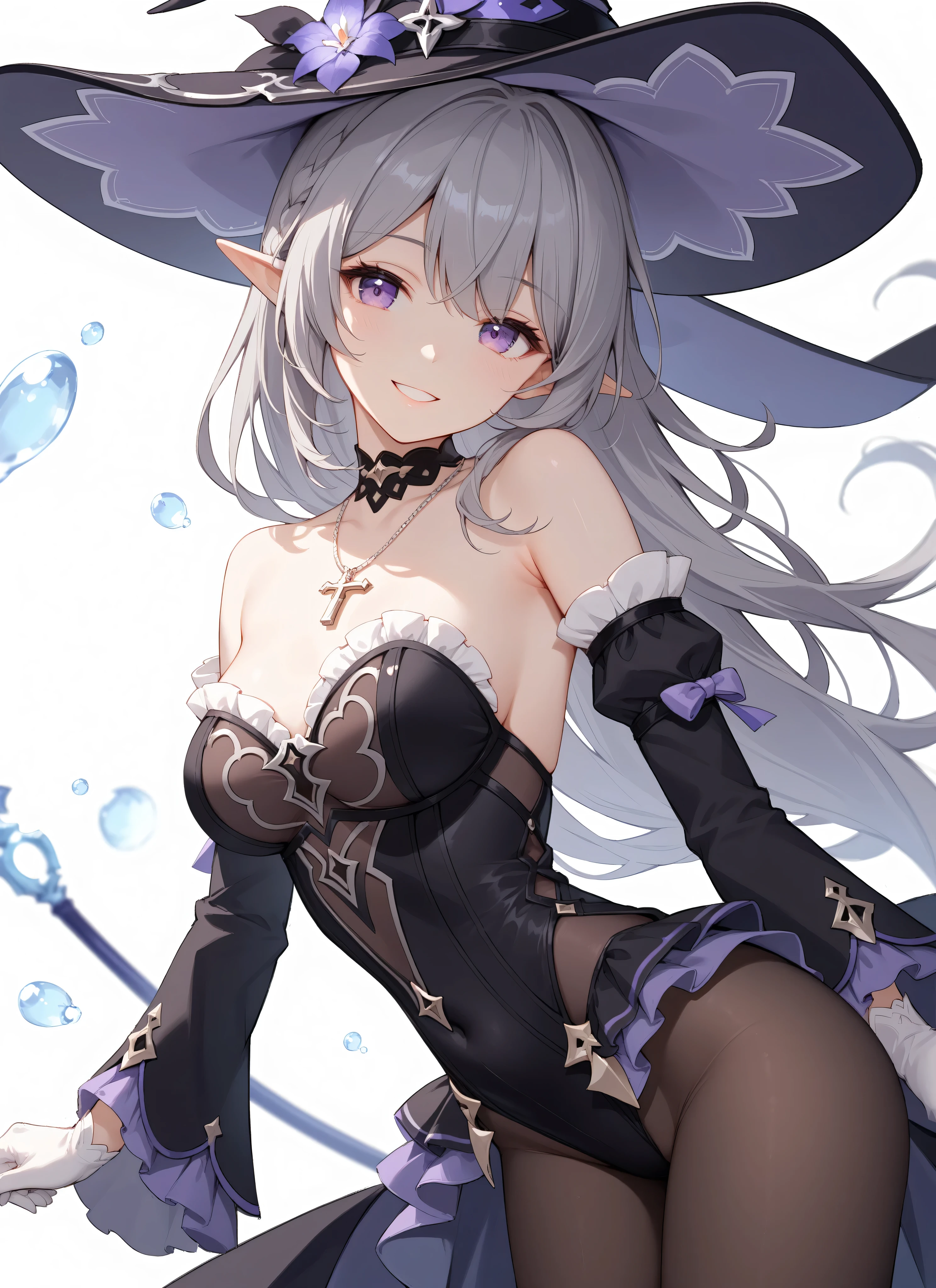 the herta \(honkai star rail\), 1girl, hat, solo, leotard, bodystocking, jewelry, frills, black leotard, witch hat, black headwear, necklace, black choker, hat flower,score_9,score_8_up,score_7_up,score_6_up, masterpiece,best quality, witch hat,purple eyes,long hair,dress,looking at viewer, extremely close view, pointy ears, purple eyes, (Herta), white gloves, crossing hand gesture, delicate pose, dynamic angle, leaning forward, dutch angle, from side, head tilt, lovely pose, smile, detached sleeves,bare shoulders,breasts,grey hair,cowboy_shot,pantyhose,white_background,key necklace, depth of field, 