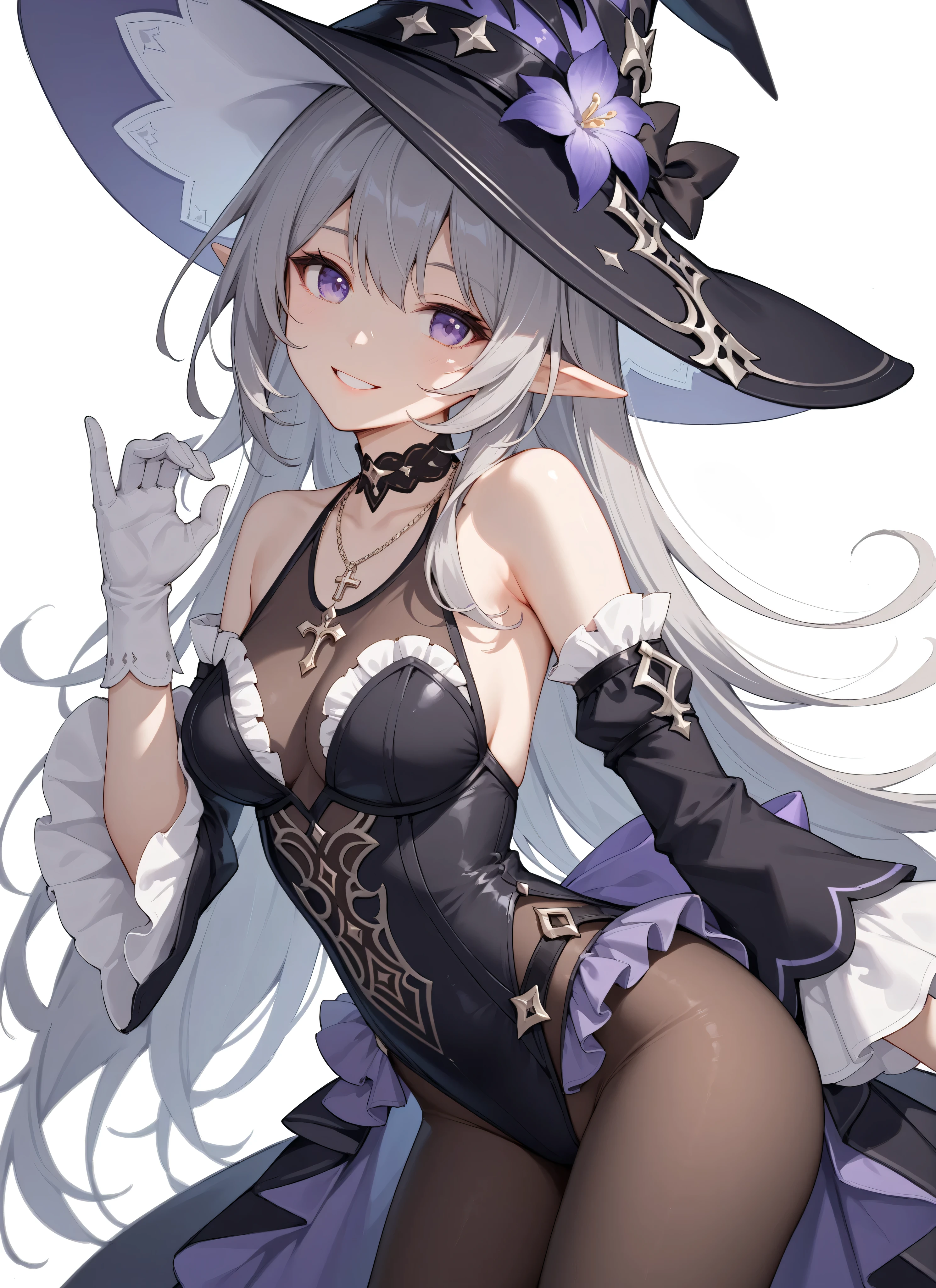 the herta \(honkai star rail\), 1girl, hat, solo, leotard, bodystocking, jewelry, frills, black leotard, witch hat, black headwear, necklace, black choker, hat flower,score_9,score_8_up,score_7_up,score_6_up, masterpiece,best quality, witch hat,purple eyes,long hair,dress,looking at viewer, extremely close view, pointy ears, purple eyes, (Herta), white gloves, crossing hand gesture, delicate pose, dynamic angle, leaning forward, dutch angle, from side, head tilt, lovely pose, smile, detached sleeves,bare shoulders,breasts,grey hair,cowboy_shot,pantyhose,white_background,key necklace, depth of field, 