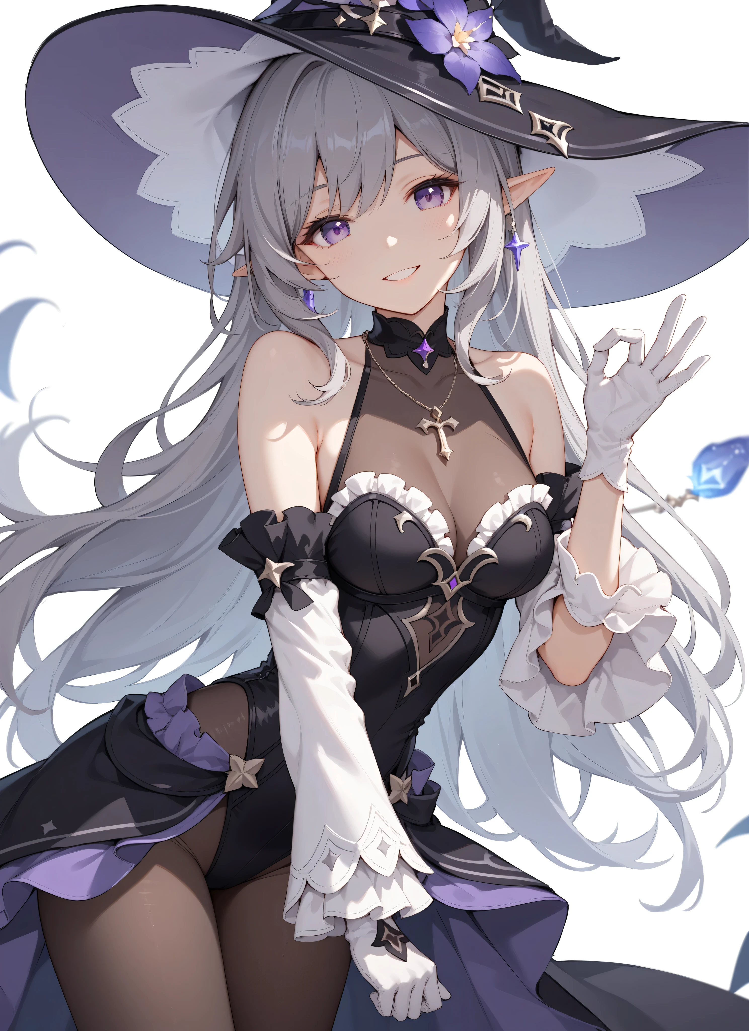 the herta \(honkai star rail\), 1girl, hat, solo, leotard, bodystocking, jewelry, frills, black leotard, witch hat, black headwear, necklace, black choker, hat flower,score_9,score_8_up,score_7_up,score_6_up, masterpiece,best quality, witch hat,purple eyes,long hair,dress,looking at viewer, extremely close view, pointy ears, purple eyes, (Herta), white gloves, crossing hand gesture, delicate pose, dynamic angle, leaning forward, dutch angle, from side, head tilt, lovely pose, smile, detached sleeves,bare shoulders,breasts,grey hair,cowboy_shot,pantyhose,white_background,key necklace, depth of field, 