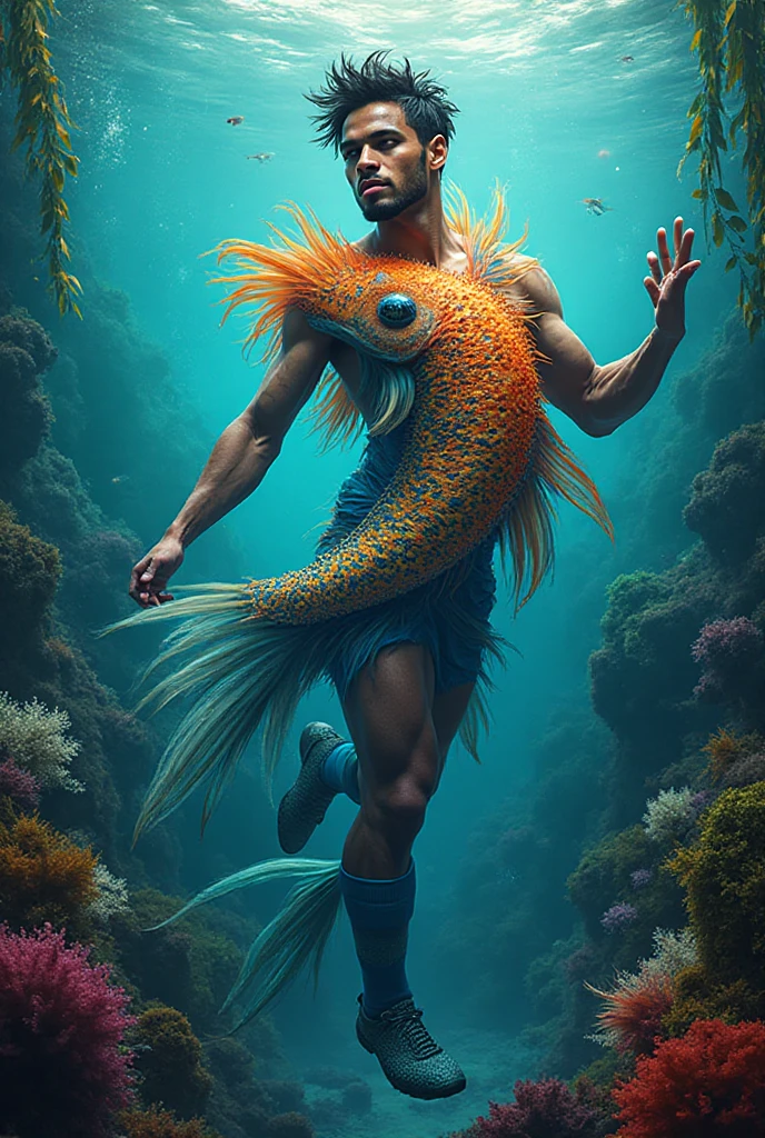 ((mature male)), triton，((standing alone)), ((The upper body is a human being and the lower body is a fish))，The fish's body replaces the legs，(((bluish-white skin)))，(Ears with bluish-white scales) ((gold nuirilla upper body, ，unsmooth skin，pele brilhante Indian，light green eyes sparkled, studded with white precious stones in her hair, long dark brown hair, short closed beard, Indian，Short hair flowing in layers，King of Sirens，the god of the sea，ice sea dragon close up, majestic expression，High- sharpness，high quality of image，tmasterpiece，Movie Lighting，Really textured leather，Hyper-realistic photo，FantasyStyle，((full bodyesbian，in a panoramic view))，underwater shooting，background with：Ocean floor，Surrounded by colorful fish，colorful coral，coloured background，intricate details rich background
