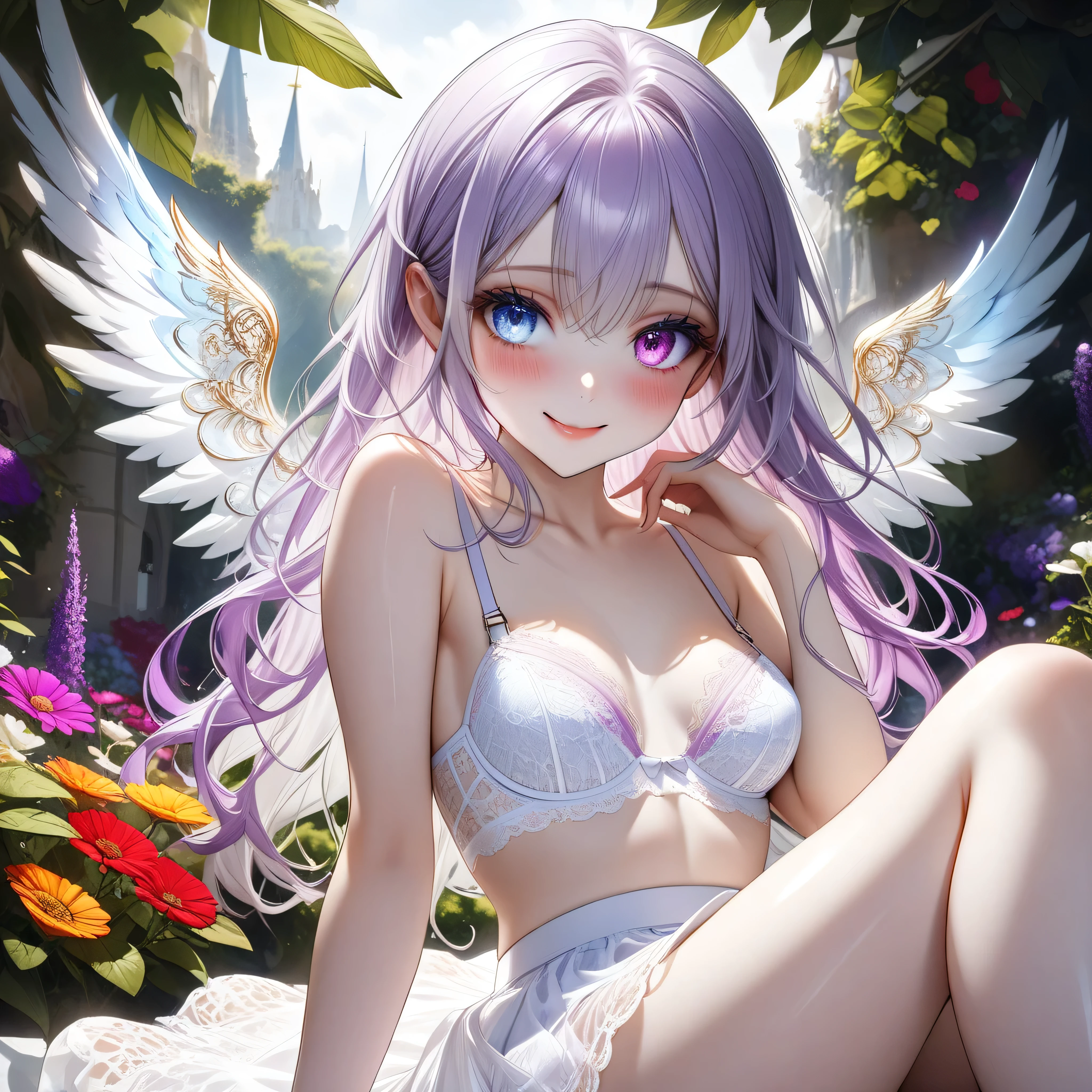 ((Top quality, 8K, best quality, masterpiece, ultra realistic)), ((Beautiful angel with odd eyes)), ((Heterochromia, golden eyes, silver eyes)), ((Sparkling and detailed eyes)), (Very precise eyes), (Long hair with a mixture of platinum and purple), Princess cut, ((Translucent and shining white skin)), Shiny skin, Very white skin, ((Very small breasts)), ((Beautiful woman wearing a lacy pure red quarter cup bra with a clearly visible intricate lace pattern)), ((Crimson wrap (wearing a skirt), ((a beautiful flower garden), ((lime green quarter cup bra)), ((sitting with her legs stretched out, with wings on either side of her back)), ((anatomically accurate depiction)), ((the exact number of fingers, detailed depiction down to the tips of the fingers)), gaze, ((angel wings)),blushing face, ((the surroundings are sparkling)), smile, very beautiful, fantasy world, very beautiful eyes