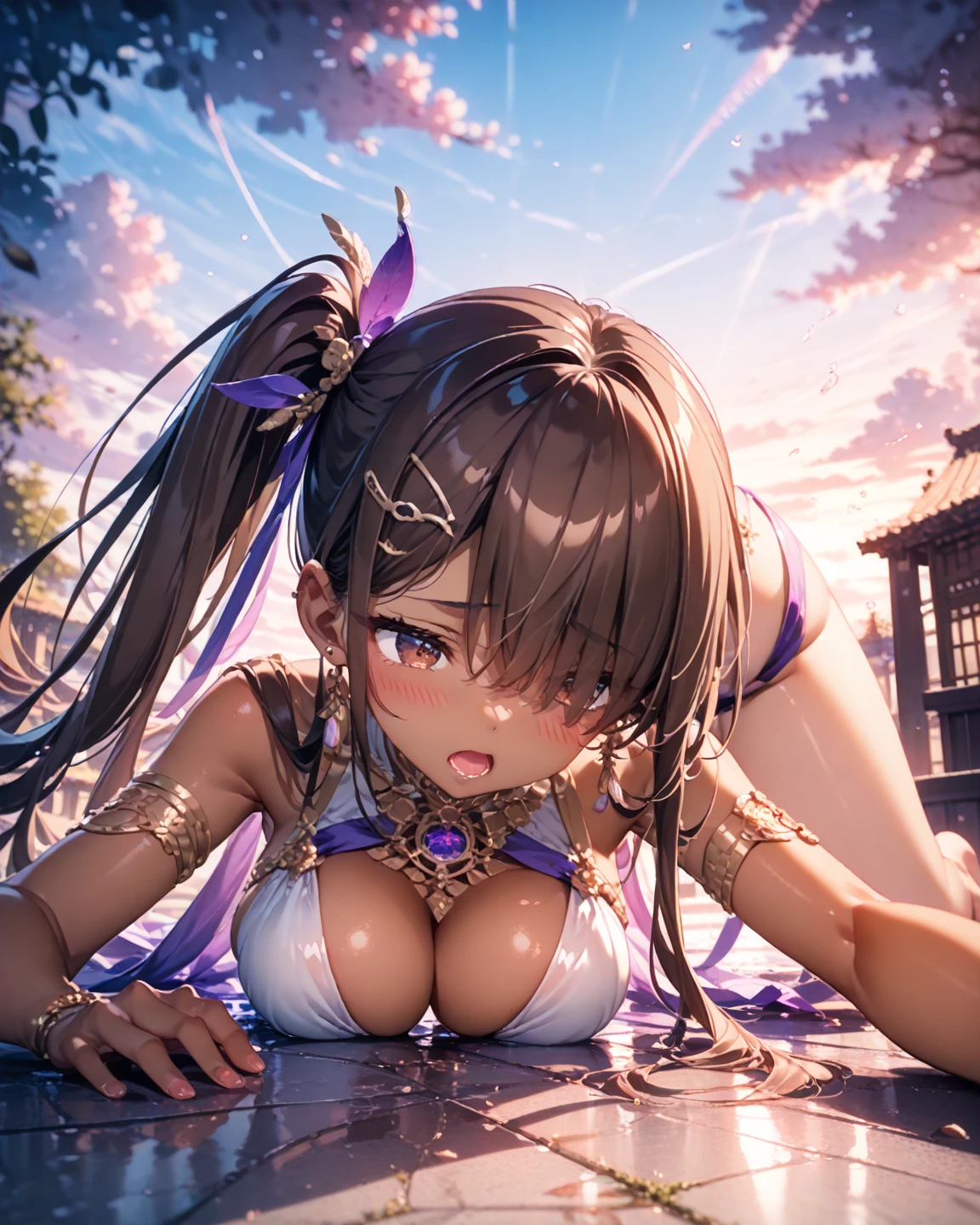 Perfect, masterpiece, (best quality, highres:1.2), 1girl, beautiful detailed eyes, beautiful detailed lips, extremely detailed eyes and face, long eyelashes, medium:oil painting, vivid colors, HDR, studio lighting, ultra-fine painting, sharp focus, physically-based rendering, extreme detail description, portraits, ((organized fingers)), curvy body, ???????????, perfect shape, facing viewer, sweaty, gorgeous, ((arms up)), sleeveless dress, straddling, smiling