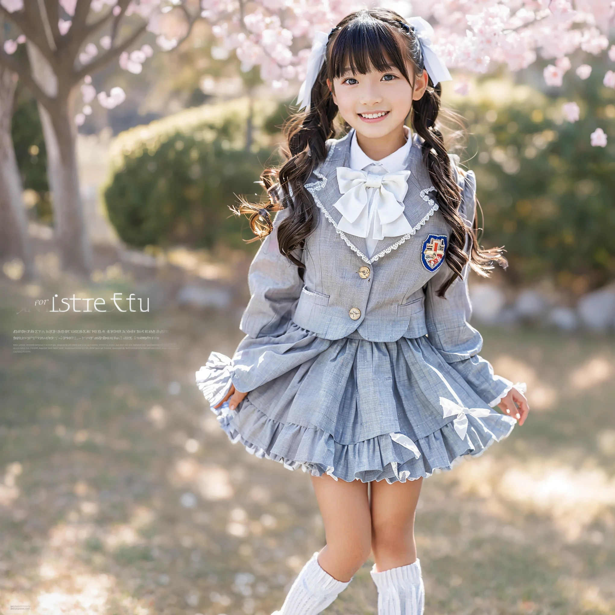 (8k,  Highest Quality, masterpiece,full body:1.2),   super high resolution on a pile,  complicated details,  1 Girl,  10 years old,beautiful faces, long hair, gray school uniform decorated with ruffles and ribbons ,As cute as an idol costume,blazer after face,ribbon tie,puff sleeve to put on your stomach,long sleeves,ruffle sleeve,pleated skirt,frill skirt, Your ability to explain is 50,long sleeves,loafers,