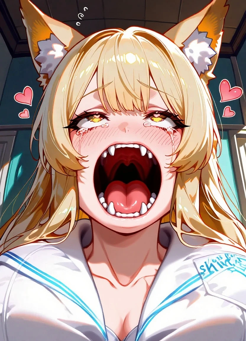 ultra detallado, soft illuminaotion, anime, (1girl), mtladymha, boku no hero academia, cabello largo, cabello rubio, purple horns, domino mask, ojos morados, night, face, open mouth, uvula, mouth, tongue, tongue out, purple mask