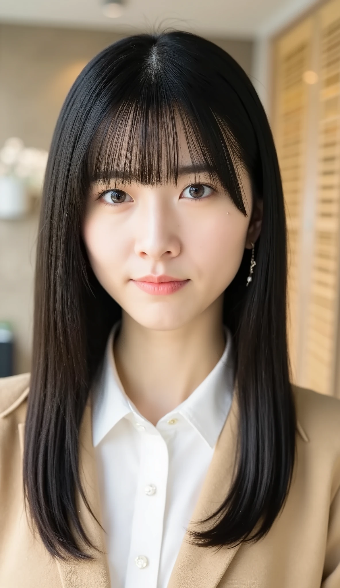Neat Young Woman、looking at the camera、office lady suit、jacket、shirt、Ear piercings、前髪あり、薄い茶髪、無表情、口を閉じている、face close-up、The background is office