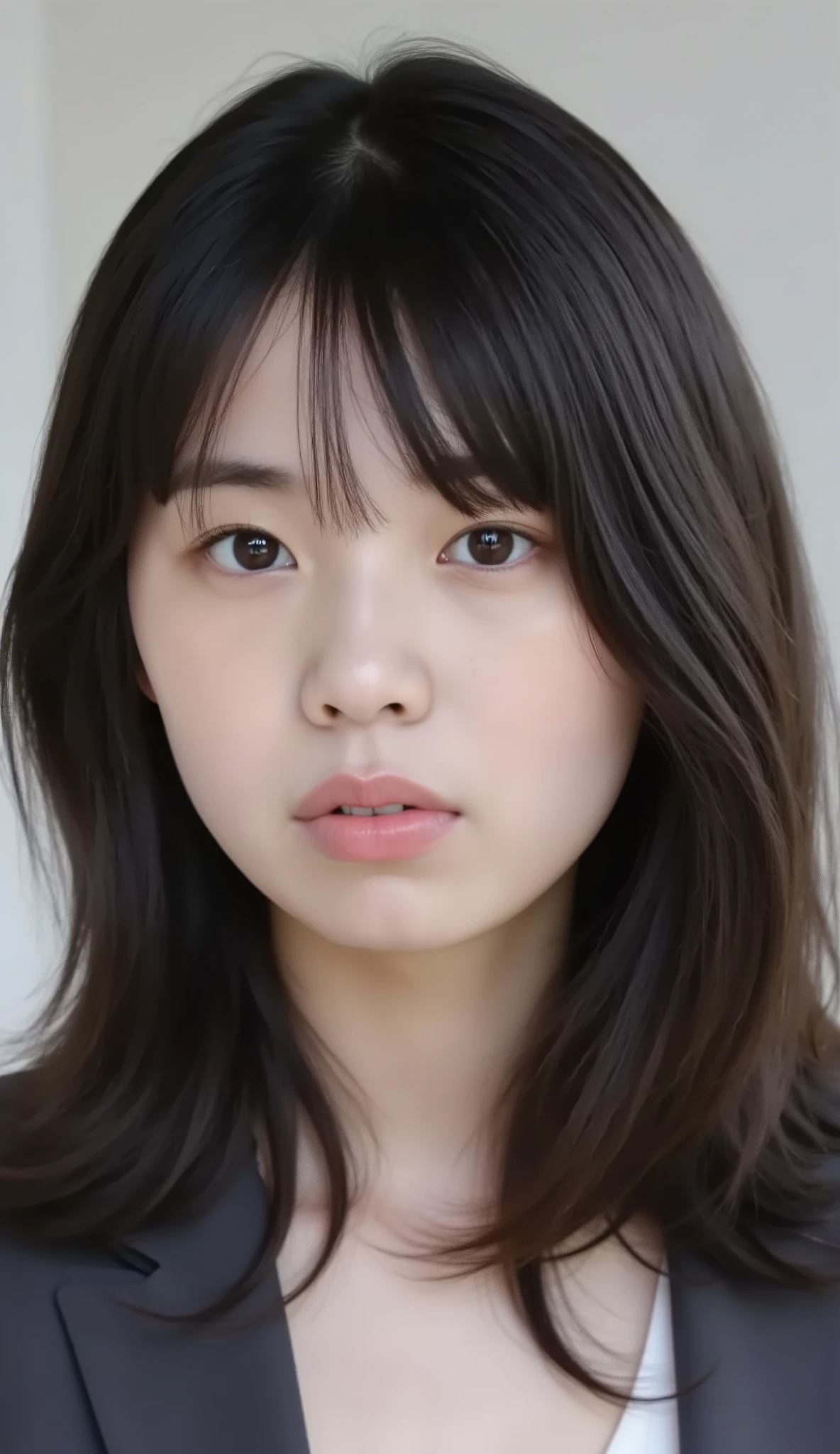 Neat Young Woman、looking at the camera、office lady suit、jacket、shirt、Ear piercings、前髪あり、薄い茶髪、無表情、口を閉じている、face close-up、The background is office