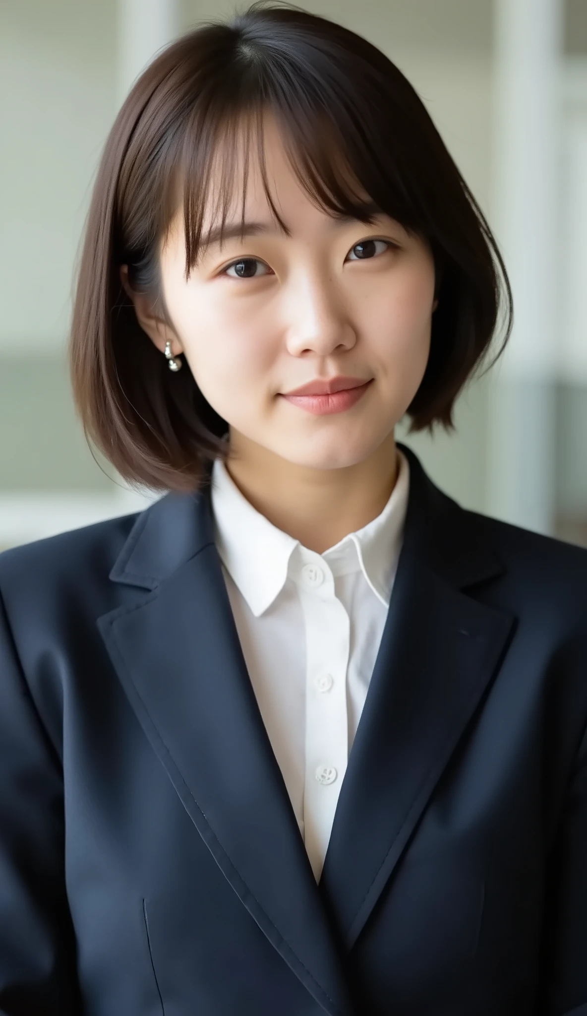 Neat Young Woman、looking at the camera、office lady suit、jacket、shirt、Ear piercings、、無表情、口を閉じている、face close-up、The background is office