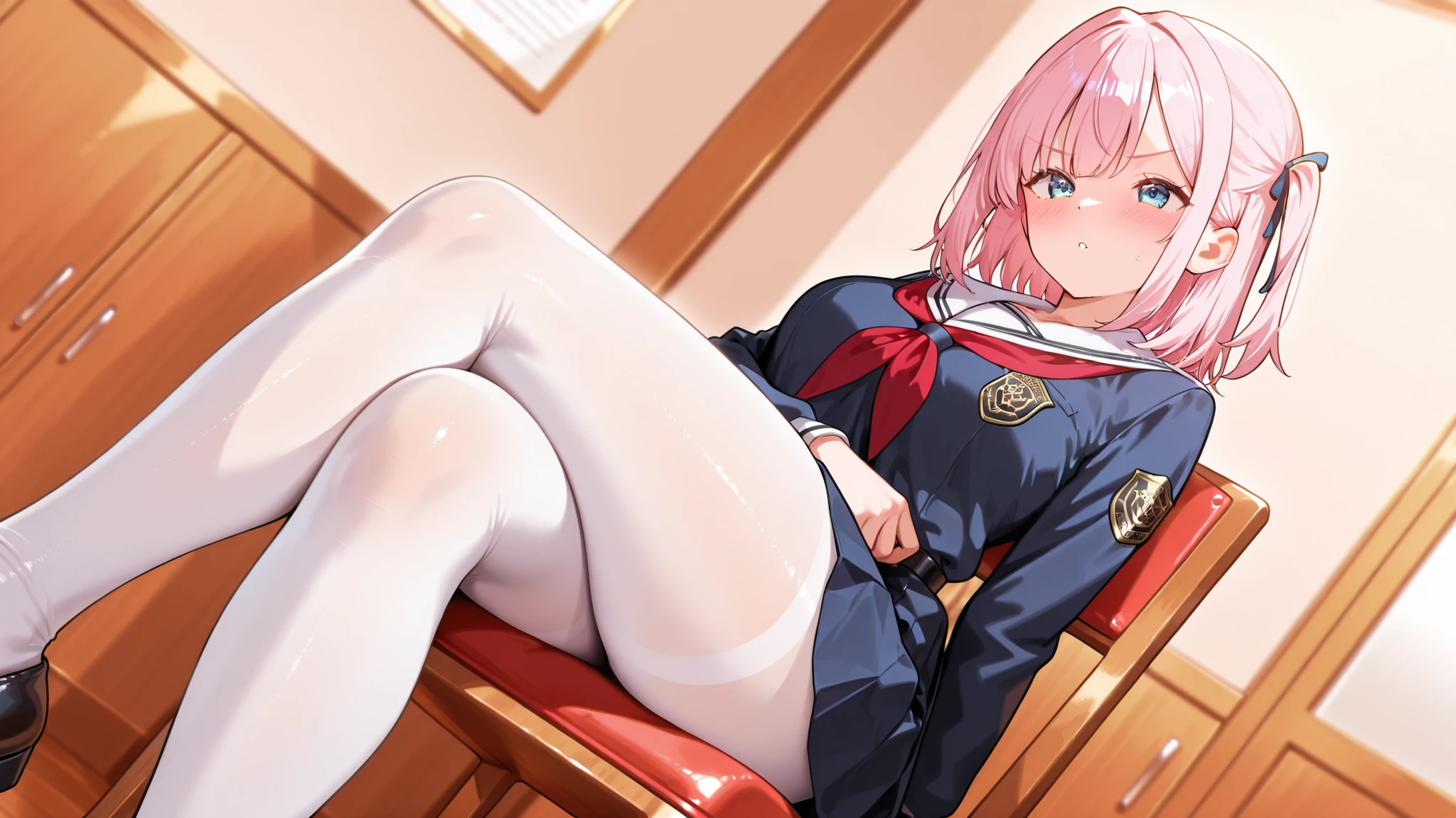 Disciplinary Committee,white tights、sitting in a chair、legs crossed、angle from below