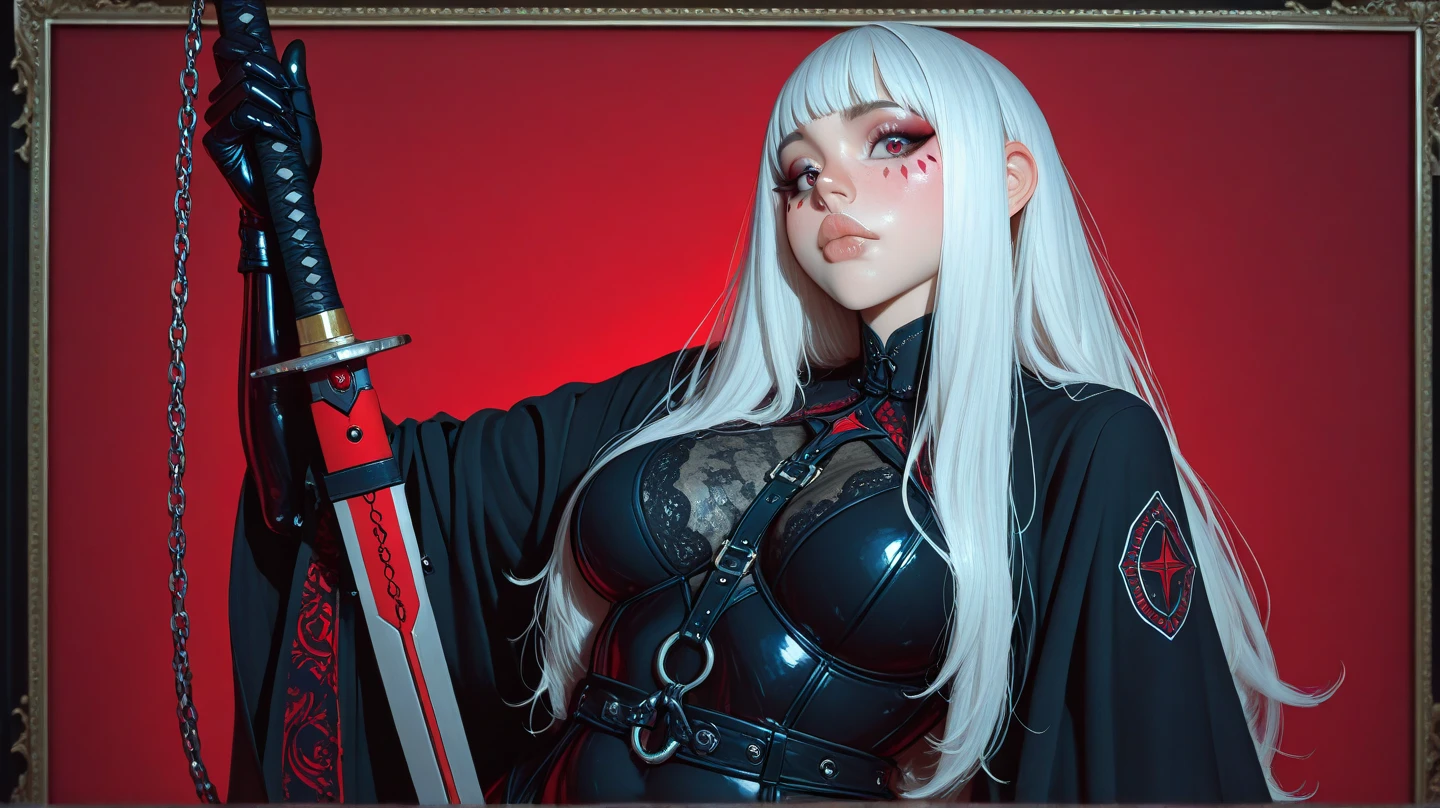 Mix egyptian gothic version, Kaneki female Vtuber, , reflective, dragon pattern, super hot, cover magazine, sun on , mask demon, indigenous makeup, sun symbol, battle nun, color strokes. props details, , , large , pointing gun, almost , sfw, kk, best quality, more details, masterpiece, 1 nun dress, kaneki ken, portrait, close-up, female focus, red eyes, solo, mask, black nails, bangs, looking at viewer, hood, short hair, black background, hand up, hood up, enamel, mouth mask, teeth, white hair, black mask, luxurious, 8k, detailed, ray tracing, depth of field, cinematic lighting, blood,