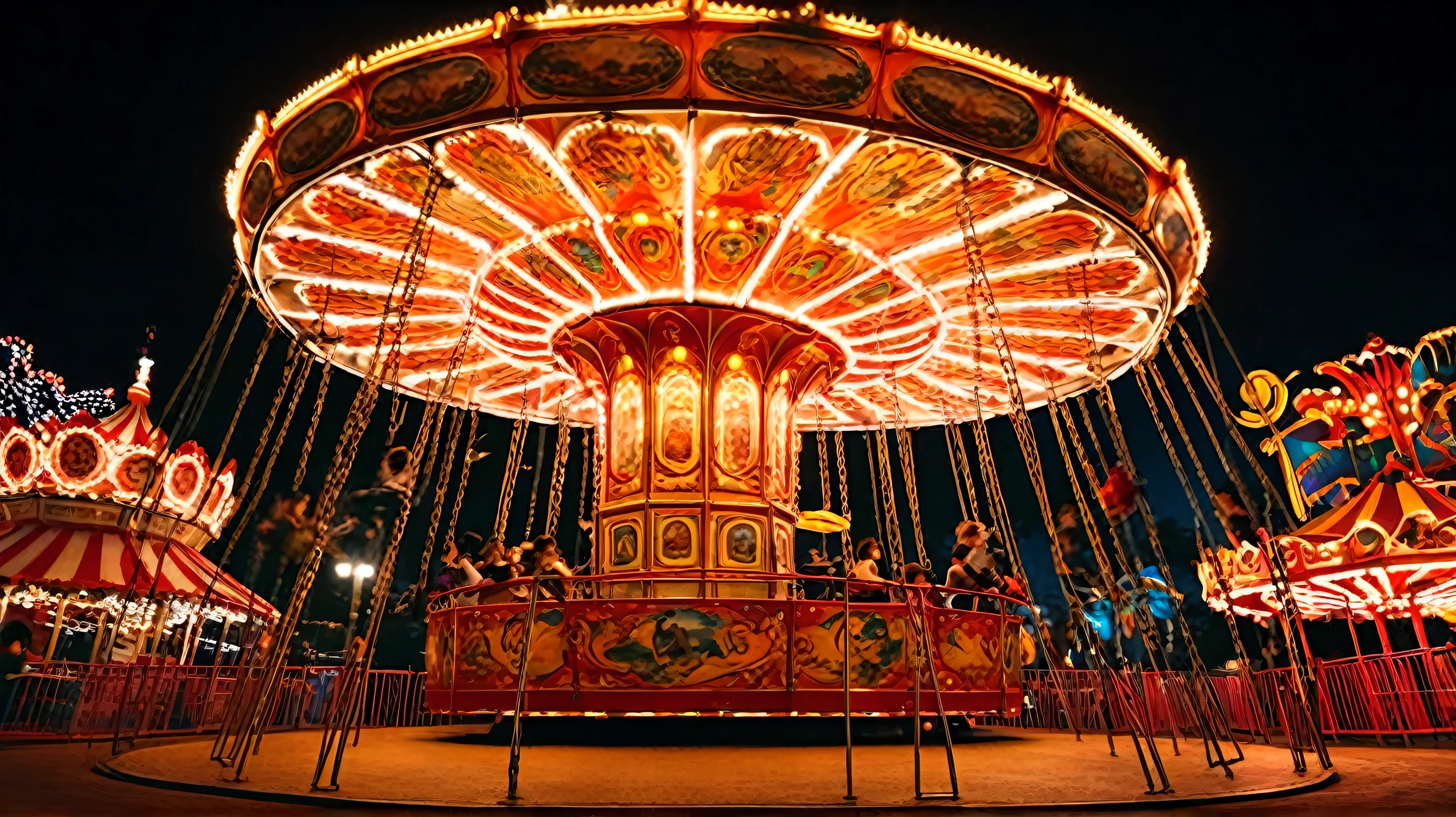 4k,a dim night sky as a backdrop、illuminated swings spin vibrantly, casting a warm, a golden glow that adorns the entire scene. The ride features、a magnificent central pillar decorated with intricate paintings and arch designs, exude vintage charm. a circular canopy at the top、numerous chains hang from which the swing riders ride, fuzzy movement, capturing an exhilarating sense of speed. bright light bulbs lining the canopy create a halo effect, enhancing the dynamic energy and festive atmosphere. shadows surround the swings, suggesting the bustling environment of an amusement park, highlighting the joy and excitement of a carnival night. the contrast of the dark background highlights the glow of the ride, evokes feelings of nostalgia and amazement, reminiscent of carefree childhood nights spent at an amusement park.