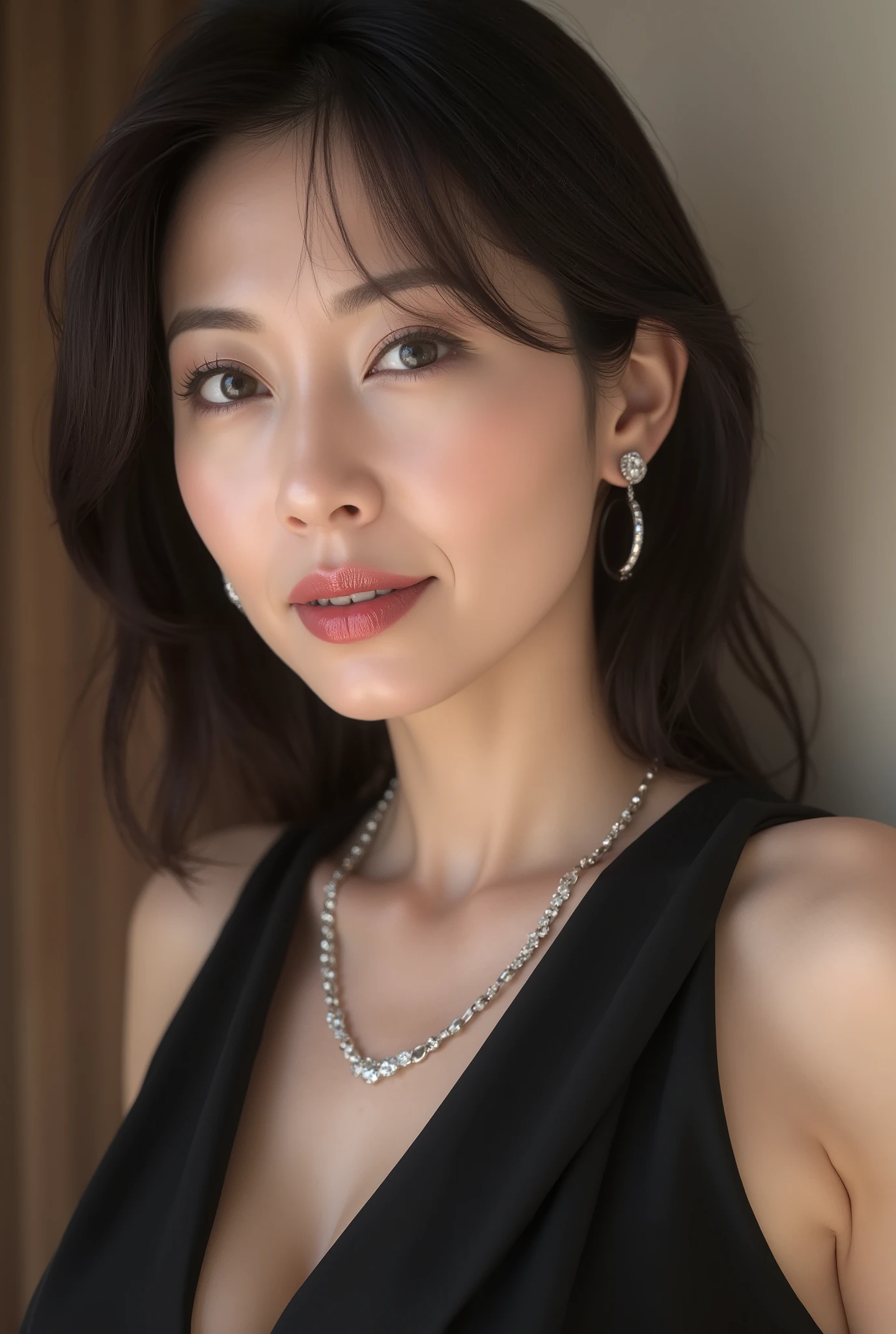 close-up portrait, This is a physically-based rendering of a 48-year-old, sexy Japanese woman, (high definition, masterpiece, Highest Quality, high definition, Clear Focus), (ultimate beauty, realistic, 超realisticな, realistic), depth of field, for viewers,
( Dark Smoky Eye Makeup , Physically Based Rendering for, bright red lips , , Long Rush, Metallic Silver Eyeshadow Characterized by Good Posture , Intellectual sex appeal, Fine Lines of a Smile),
calm expression, Looking slightly to the left, Intellectual Style, ( Black Tight Dress , Viewers Designed to Enhance the, Platinum Chain Necklace, Stylish Diamond Earrings), simple design background。