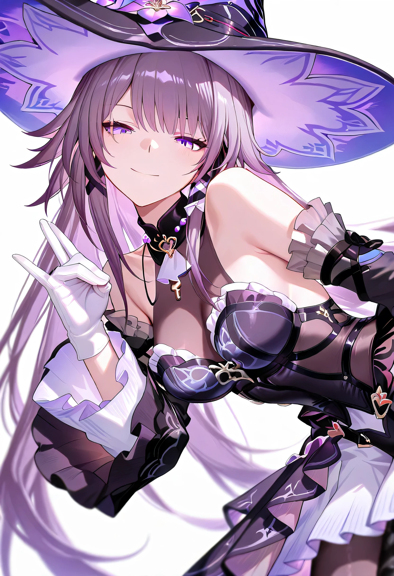Honkai: Star Rail,Nai, ((The Herta)), 1girl, hat, solo, leotard, bodystocking, jewelry, frills, black leotard, witch hat, black headwear, necklace, hat, crossing hand gesture, flower, witch hat,purple eyes,long hair,dress,looking at viewer, extremely close view, pointy ears, purple eyes, (crossing hand gesture), white gloves, delicate pose, dynamic angle, leaning forward, dutch angle, from side, head tilt, lovely pose, smile, detached sleeves,bare shoulders,breasts,white_background,key necklace, depth of field,