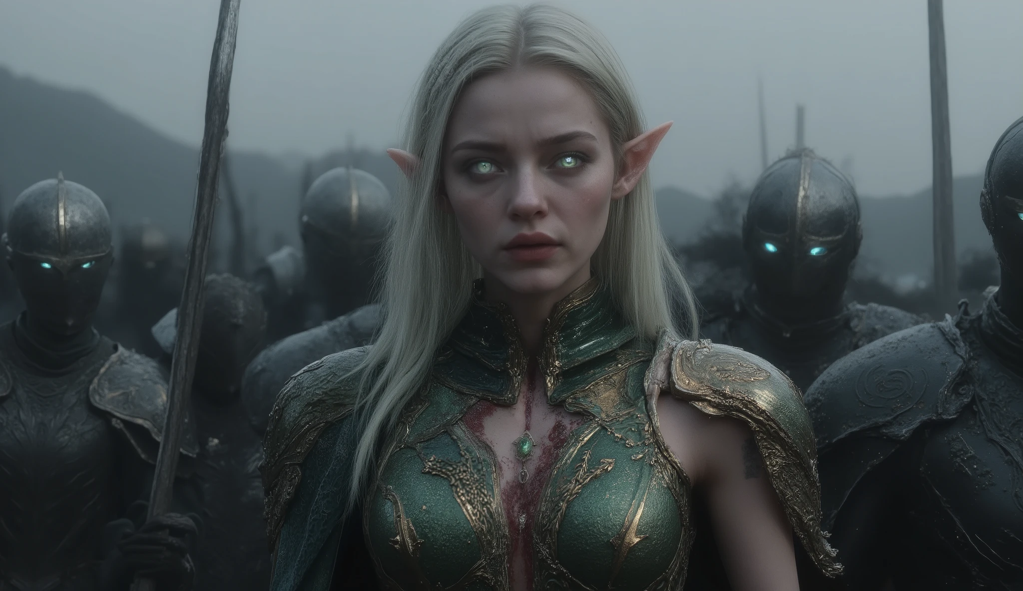 ((masterpiece)) ((photography)) ((Highest quality)) A hyper-realistic fantasy warrior elf woman standing in the center of an armored army with long spears. She has long blonde hair, sharp elven ears, and piercing blue eyes. Her face is fierce and determined, with blood splattered on her chest, hinting at recent battle. She wears an intricately designed green and bronze armored corset with ornate decorations resembling elven leaves and symbols, exposing her shoulders and toned arms. Her soldiers, wearing dark metallic helmets and plate armor, stand behind her, holding long spears, their expressions hidden beneath their helmets. The background features a misty battlefield with mountains in the distance. The overall atmosphere is tense, cinematic, and epic, under an overcast sky.