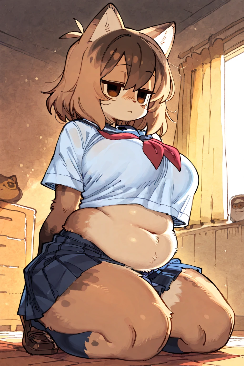 White sports braを着けている一人の女の子((squat)),Light brown hair,blue eyes,short hair,Blushed,Curvy Girls,White sports bra,plump, Looks,Please spread your legs a little,Small ,