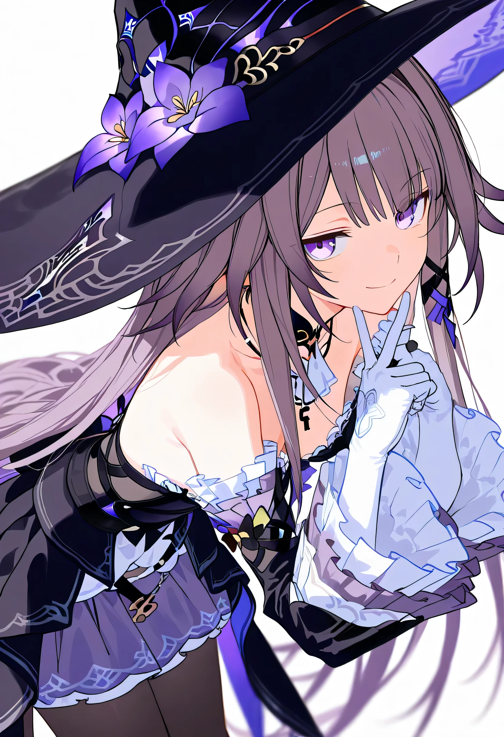 The Herta,the herta \(honkai star rail\), 1girl, hat, solo, leotard, bodystocking, jewelry, frills, black leotard, witch hat, black headwear, necklace, black choker, hat flower,score_9,score_8_up,score_7_up,score_6_up, masterpiece,best quality, witch hat,purple eyes,long hair,dress,looking at viewer, extremely close view, pointy ears, purple eyes, (Herta), white gloves, crossing hand gesture, delicate pose, dynamic angle, leaning forward, dutch angle, from side, head tilt, lovely pose, smile, detached sleeves,bare shoulders,breasts,grey hair,cowboy_shot,pantyhose,white_background,key necklace, depth of field, 