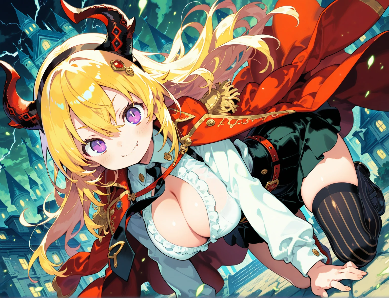 (((Masterpiece))), (((Best Quality: 1.4))), ((Super Detail: 1.4)) , hyper detailed gouache painting of a female Metallia, one girl, hyper detailed face features, expressive face, detailed textures, natural skin shader, volumetrics, warm undertones under her skin, ultra High resolution. long blond hair, witch hat with an purple eye, twin braids, slim sporty body, big ????, green eyes, sharp teeth, ?????, ??????? or ????????, ??? inflation.
