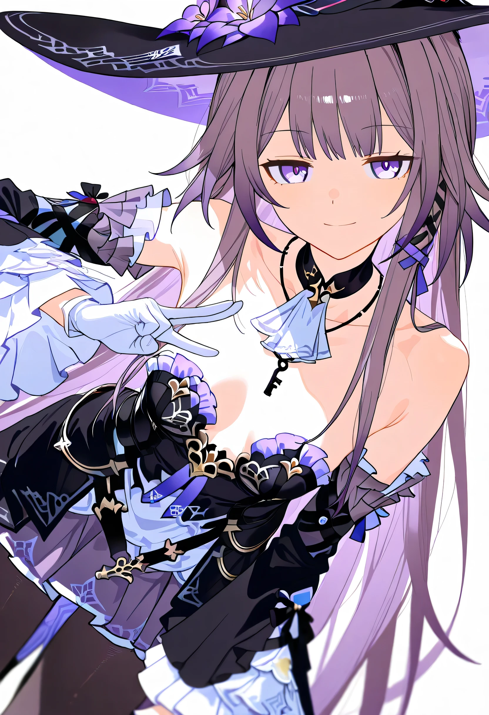 The Herta,the herta \(honkai star rail\), 1girl, hat, solo, leotard, bodystocking, jewelry, frills, black leotard, witch hat, black headwear, necklace, black choker, hat flower,score_9,score_8_up,score_7_up,score_6_up, masterpiece,best quality, witch hat,purple eyes,long hair,dress,looking at viewer, extremely close view, pointy ears, purple eyes, (Herta), white gloves, crossing hand gesture, delicate pose, dynamic angle, leaning forward, dutch angle, from side, head tilt, lovely pose, smile, detached sleeves,bare shoulders,breasts,grey hair,cowboy_shot,pantyhose,white_background,key necklace, depth of field,