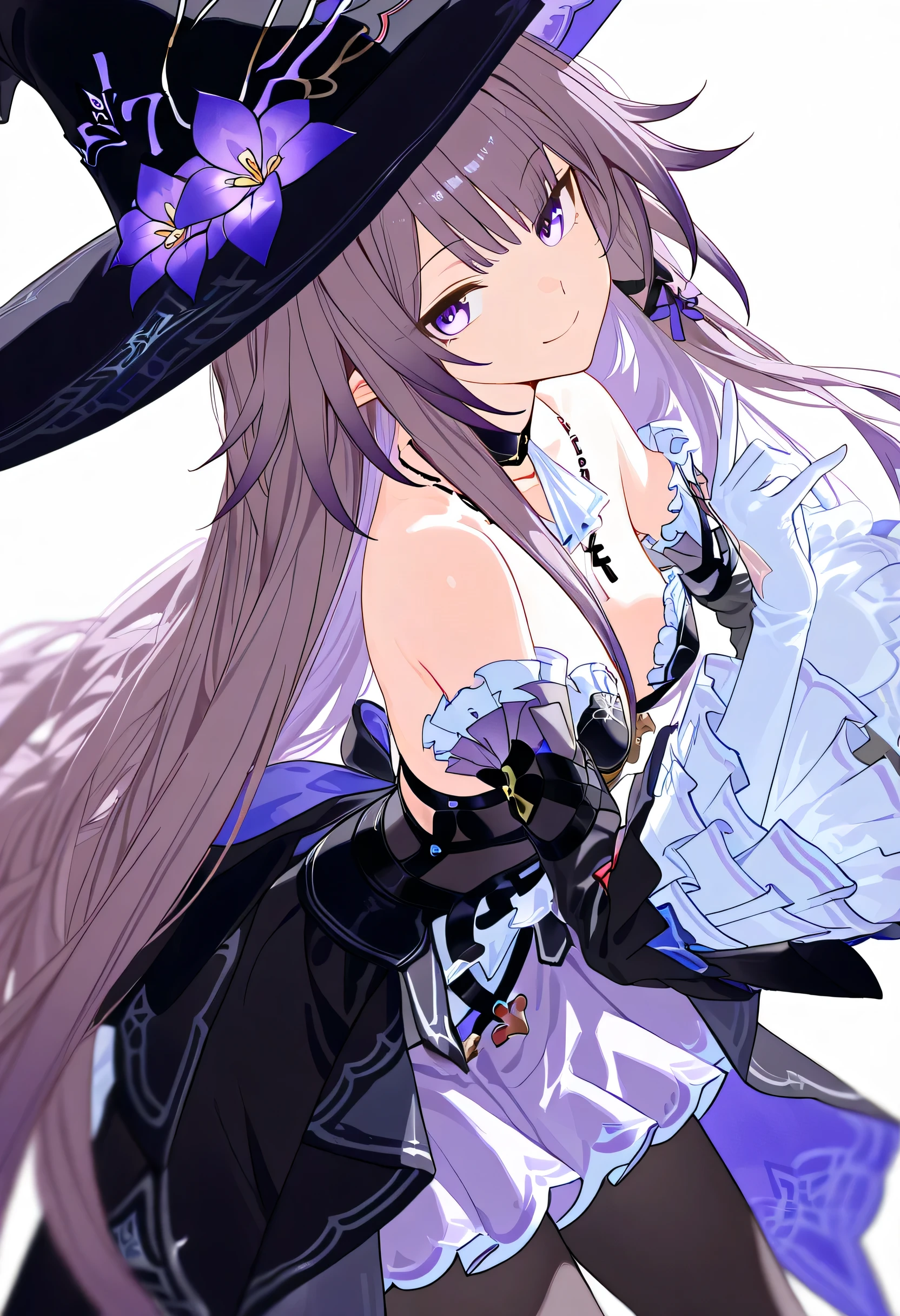 The Herta,the herta \(honkai star rail\), 1girl, hat, solo, leotard, bodystocking, jewelry, frills, black leotard, witch hat, black headwear, necklace, black choker, hat flower,score_9,score_8_up,score_7_up,score_6_up, masterpiece,best quality, witch hat,purple eyes,long hair,dress,looking at viewer, extremely close view, pointy ears, purple eyes, (Herta), white gloves, crossing hand gesture, delicate pose, dynamic angle, leaning forward, dutch angle, from side, head tilt, lovely pose, smile, detached sleeves,bare shoulders,breasts,grey hair,cowboy_shot,pantyhose,white_background,key necklace, depth of field,