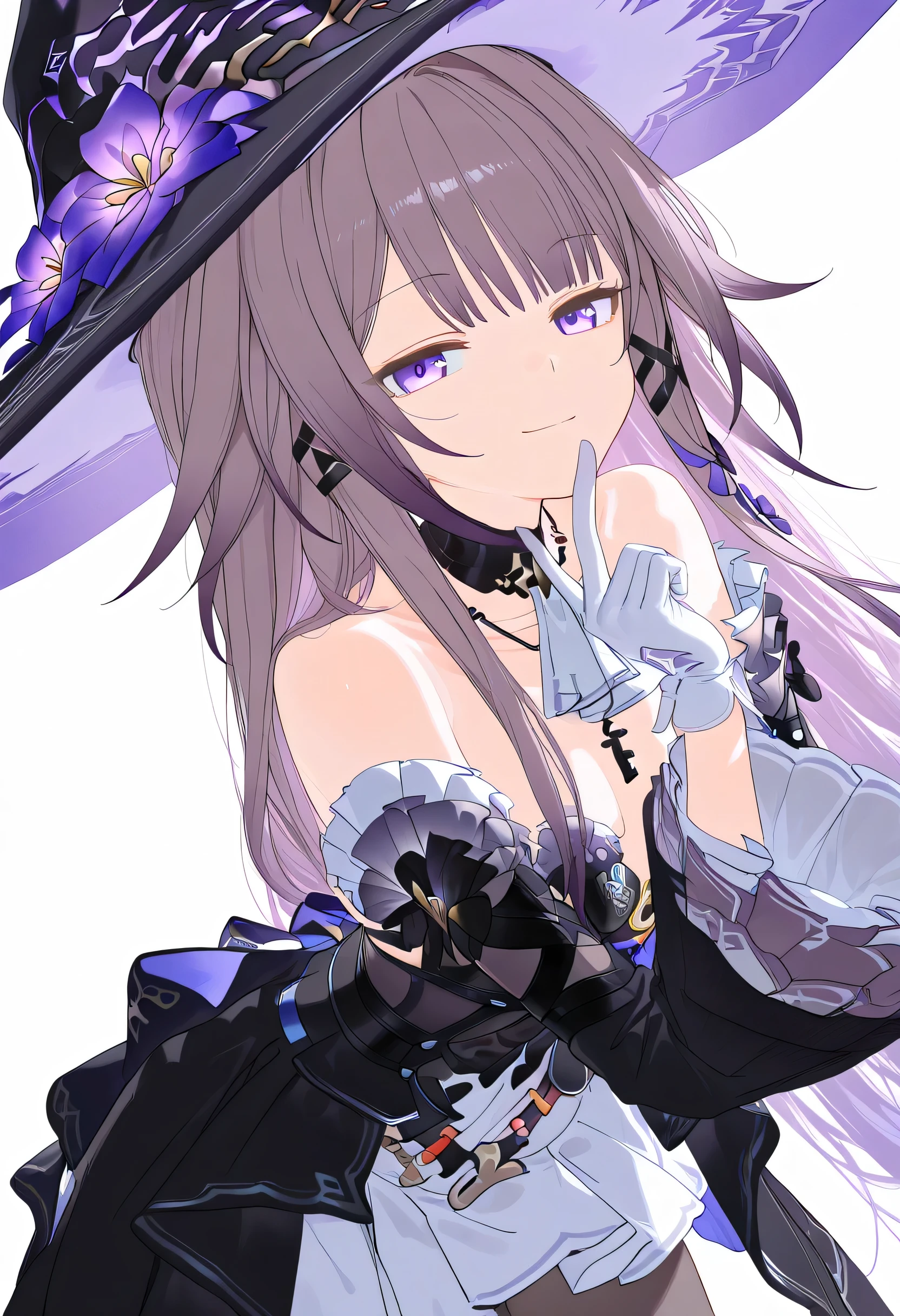 NSFW, The Herta,the herta \(honkai star rail\), 1girl, hat, solo, leotard, bodystocking, jewelry, frills, black leotard, witch hat, black headwear, necklace, black choker, hat flower,score_9,score_8_up,score_7_up,score_6_up, masterpiece,best quality, witch hat,purple eyes,long hair,dress,looking at viewer, extremely close view, pointy ears, purple eyes, (Herta), white gloves, crossing hand gesture, delicate pose, dynamic angle, leaning forward, dutch angle, from side, head tilt, lovely pose, smile, detached sleeves,bare shoulders,breasts,grey hair,cowboy_shot,pantyhose,white_background,key necklace, depth of field, fixed hand