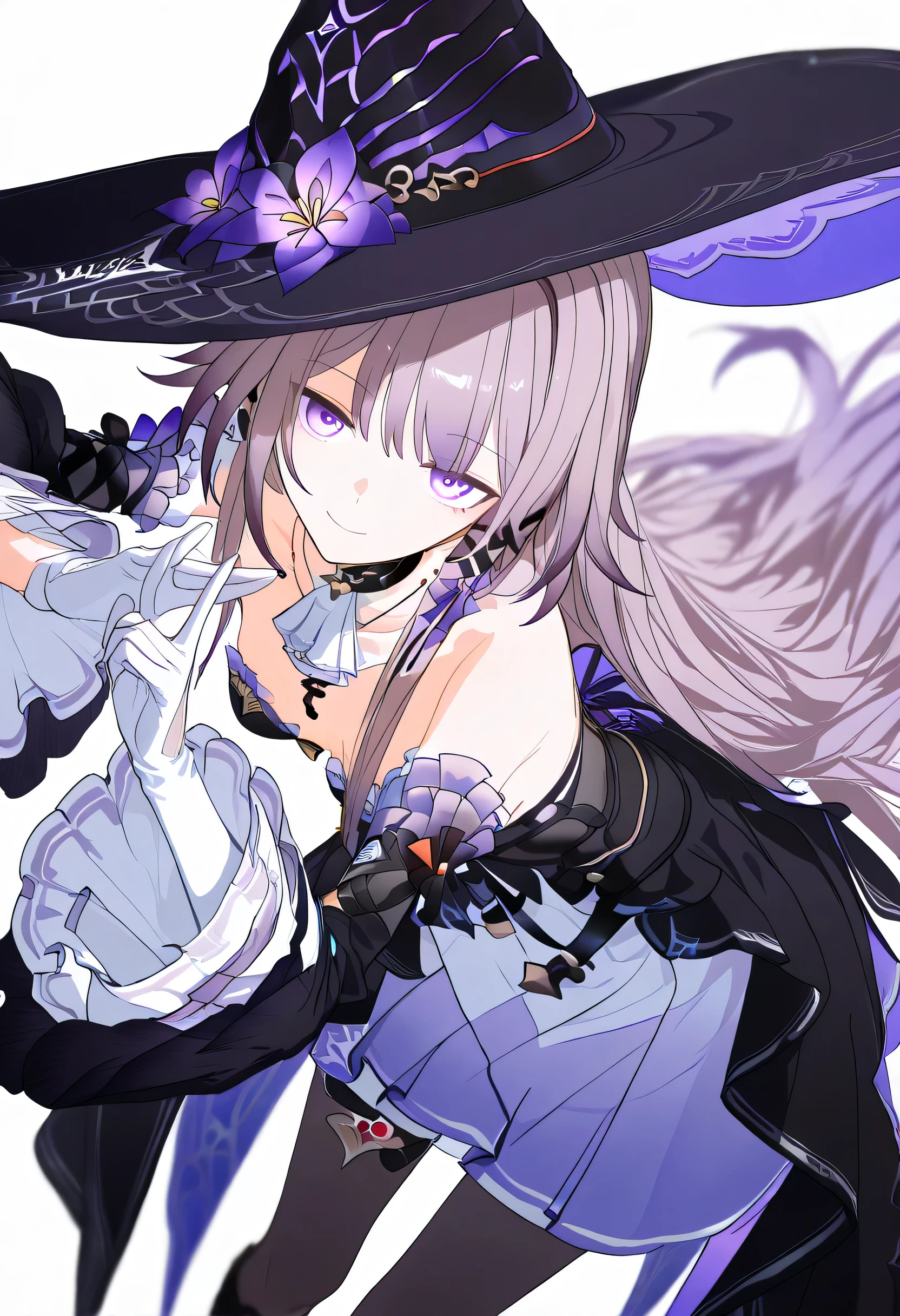 NSFW, The Herta,the herta \(honkai star rail\), 1girl, hat, solo, leotard, bodystocking, jewelry, frills, black leotard, witch hat, black headwear, necklace, black choker, hat flower,score_9,score_8_up,score_7_up,score_6_up, masterpiece,best quality, witch hat,purple eyes,long hair,dress,looking at viewer, extremely close view, pointy ears, purple eyes, (Herta), white gloves, crossing hand gesture, delicate pose, dynamic angle, leaning forward, dutch angle, from side, head tilt, lovely pose, smile, detached sleeves,bare shoulders,breasts,grey hair,cowboy_shot,pantyhose,white_background,key necklace, depth of field, fixed hand
